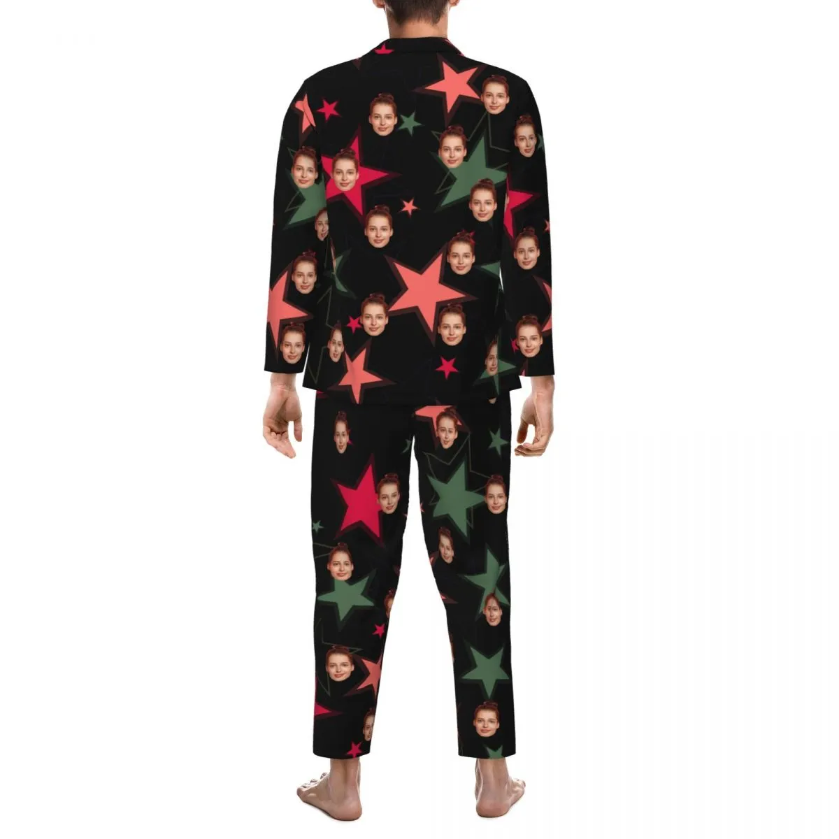 Custom Face Star Pattern Long Sleeve Cardigan Pajama Set - Black