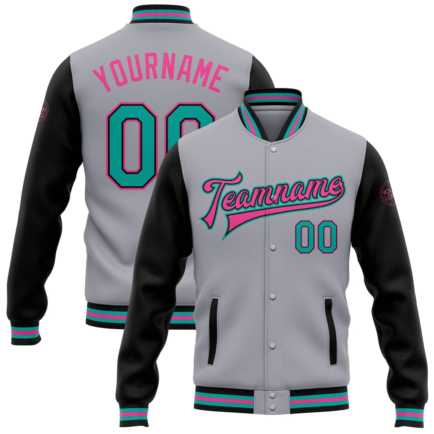 Custom Gray Aqua Black-Pink Bomber Full-Snap Varsity Letterman Two Tone Jacket