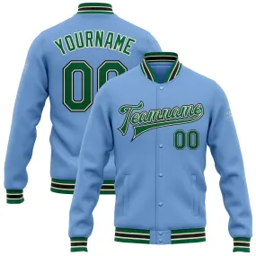 Custom Light Blue Kelly Green Cream-Black Bomber Full-Snap Varsity Letterman Jacket