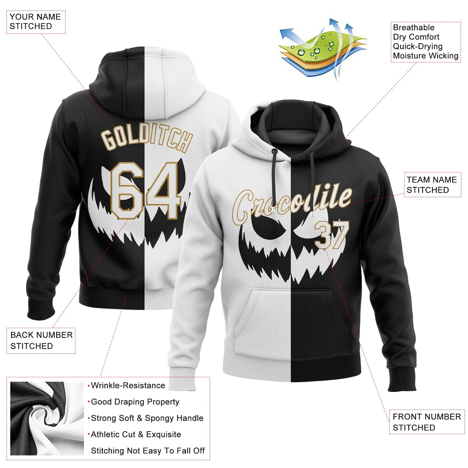 Custom Stitched Black White-Old Gold 3D Pattern Scary Faces Of Halloween Pumpkin Sports Pullover Sweatshirt Salute To Service Hoodie