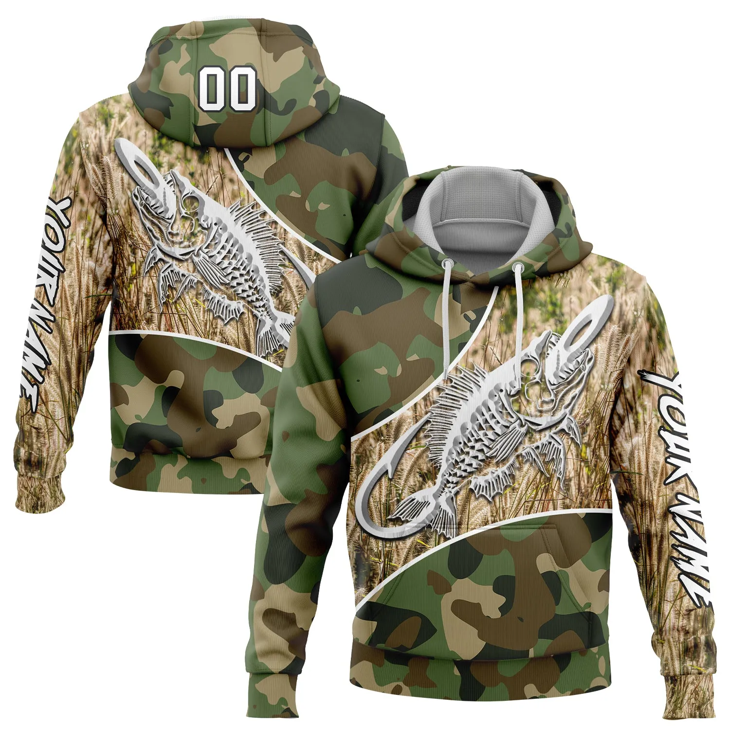 Custom Stitched Camo White-Black 3D Fish Hook Skull Fishing Sports Pullover Sweatshirt Salute To Service Hoodie