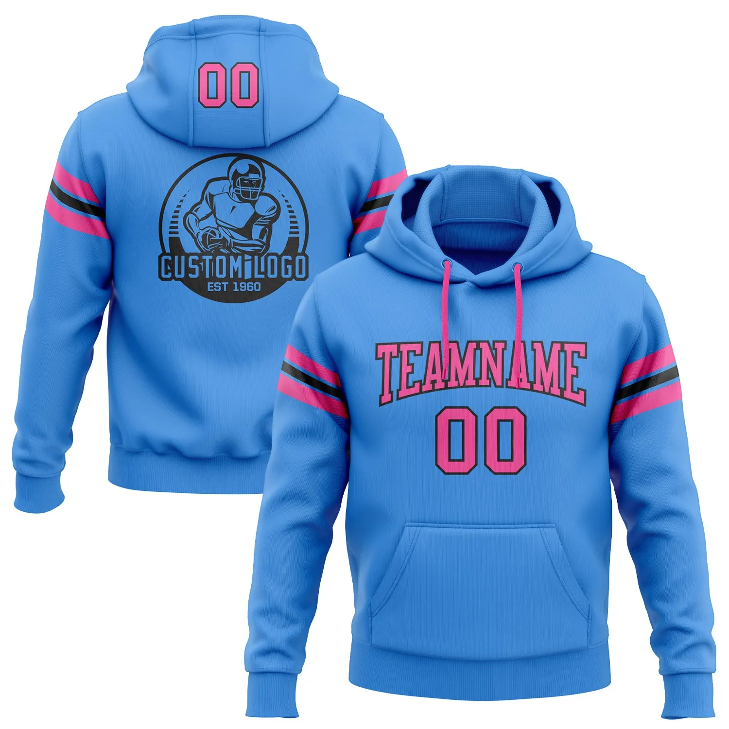 Custom Stitched Powder Blue Pink-Black Football Pullover Sweatshirt Hoodie