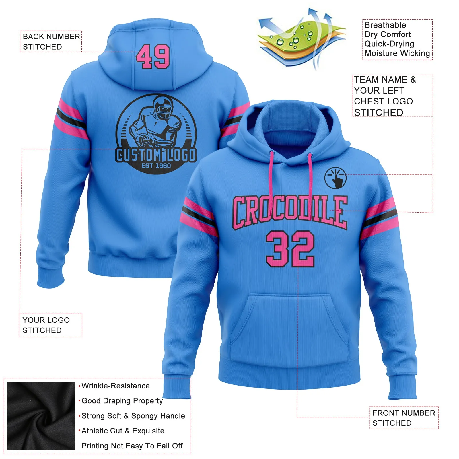 Custom Stitched Powder Blue Pink-Black Football Pullover Sweatshirt Hoodie