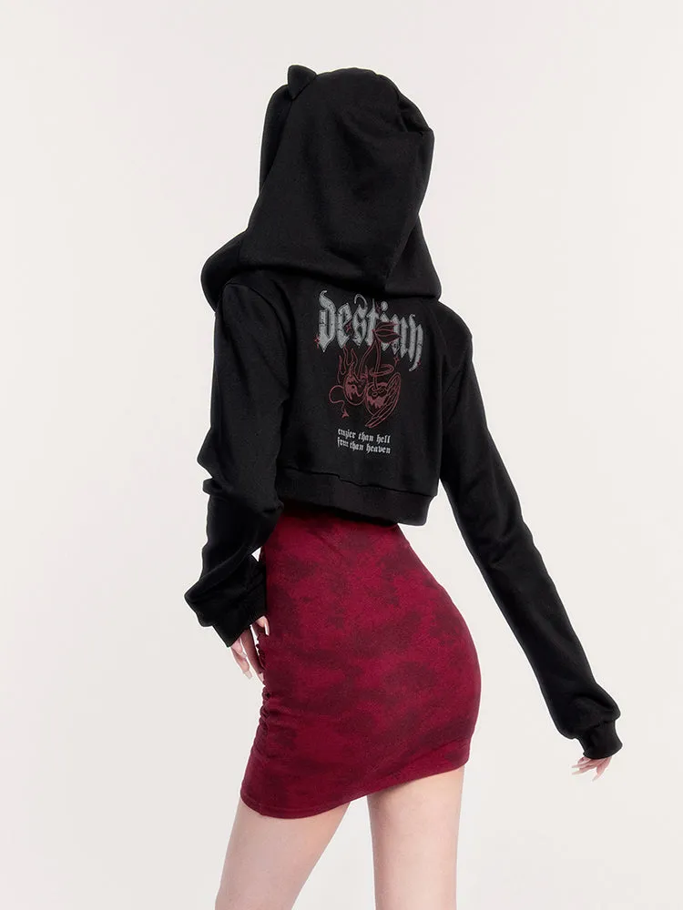 Dark Gothic Style Cherry Print Cat Ear Short Sweater Hooded Jacket VOC0249