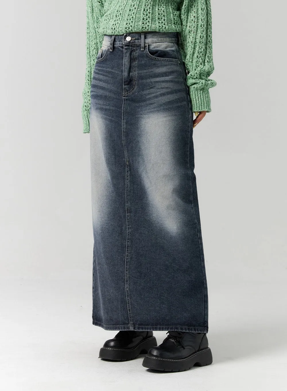 Dark Wash Denim Maxi Skirt CS311