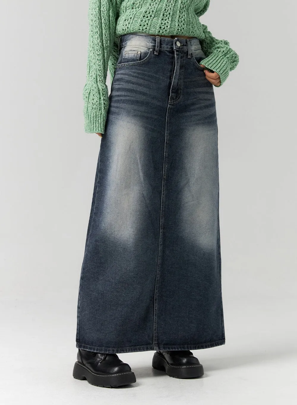 Dark Wash Denim Maxi Skirt CS311