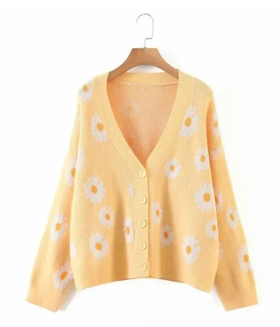 deanwangkt Sweet Button Down Sweater Cardigan Women Loose Knit Coat Autumn Spring Casual Lady Long Sleeve V Neck Floral Outerwear Sweater