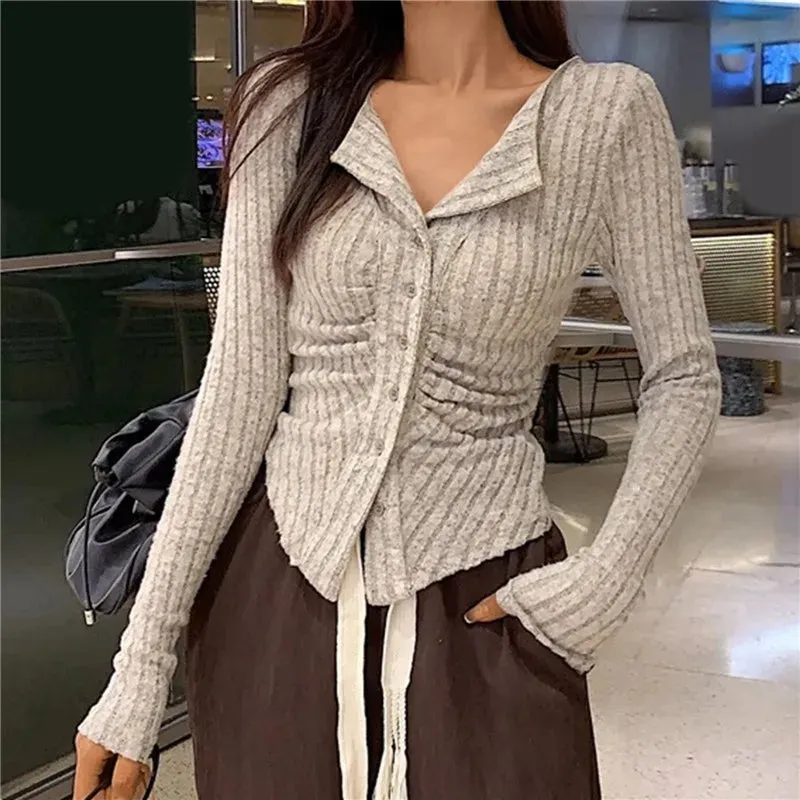 deanwangkt Y2k Knitted Cardigan Women  Collar Sweater Coat Vintage Long Sleeve Single Breasted Top Autumn Fashion Girls Knitwear Jumper