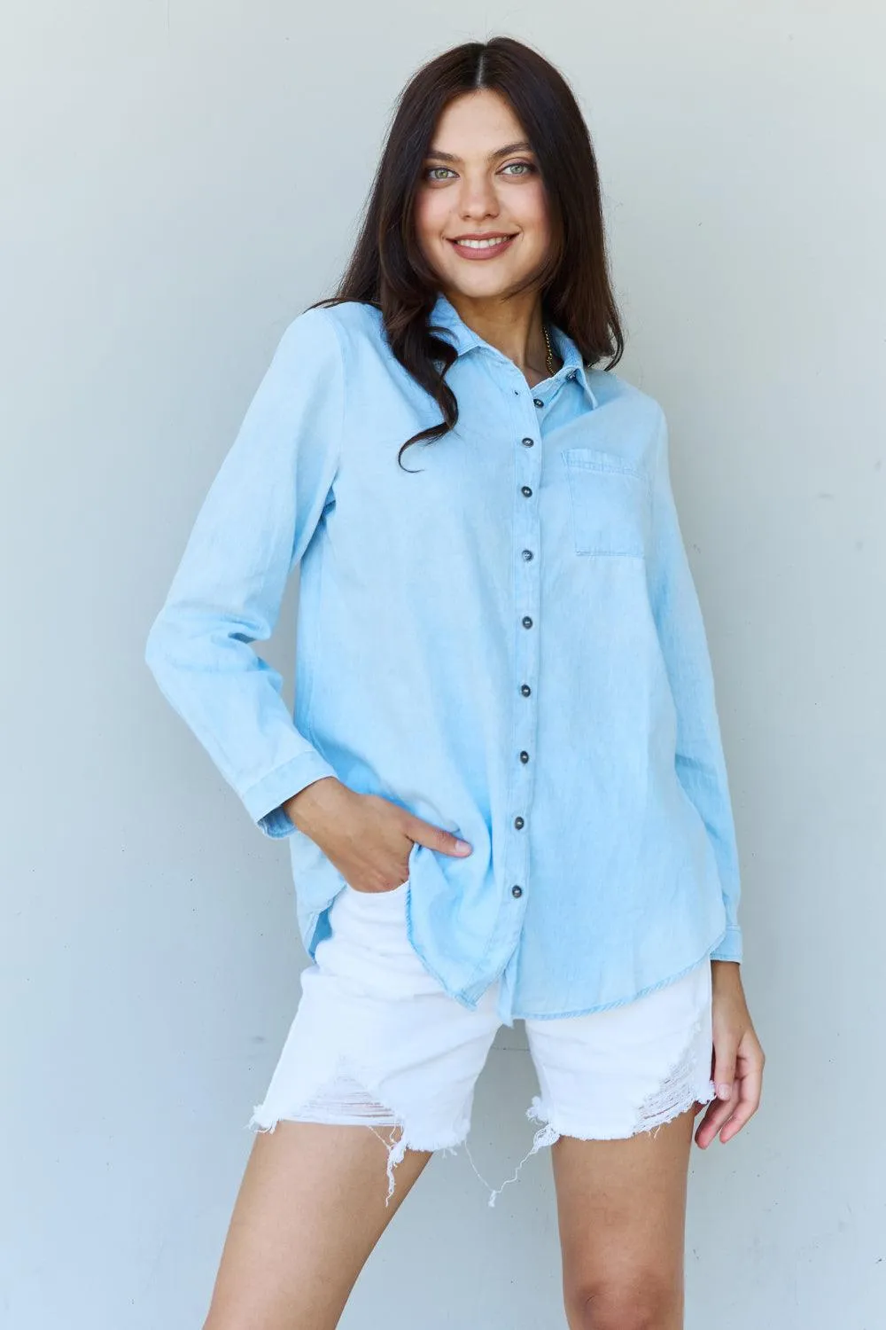 Denim Button Down Shirt Top in Light Blue