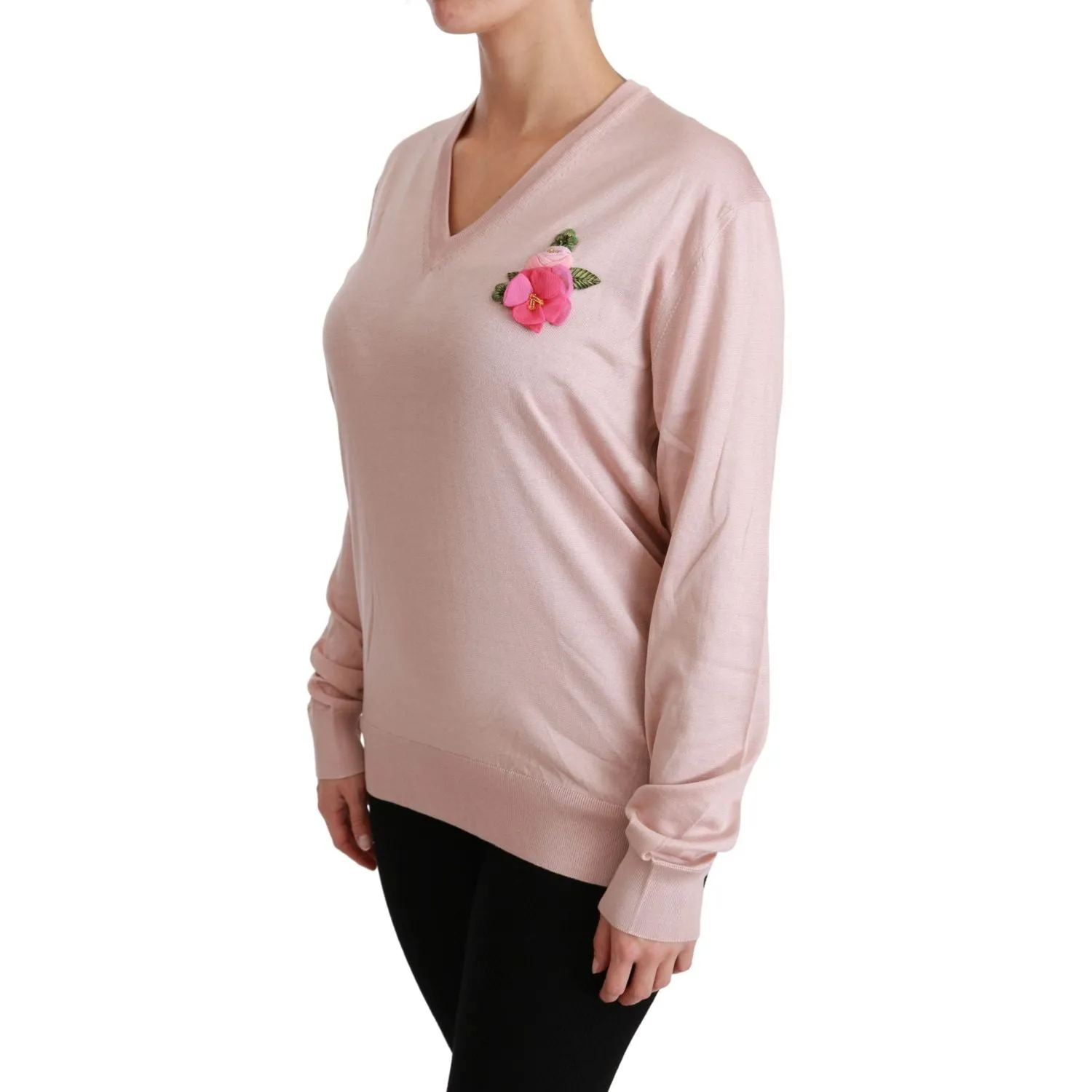 Dolce & Gabbana Pink Floral Silk V-Neck Sweater