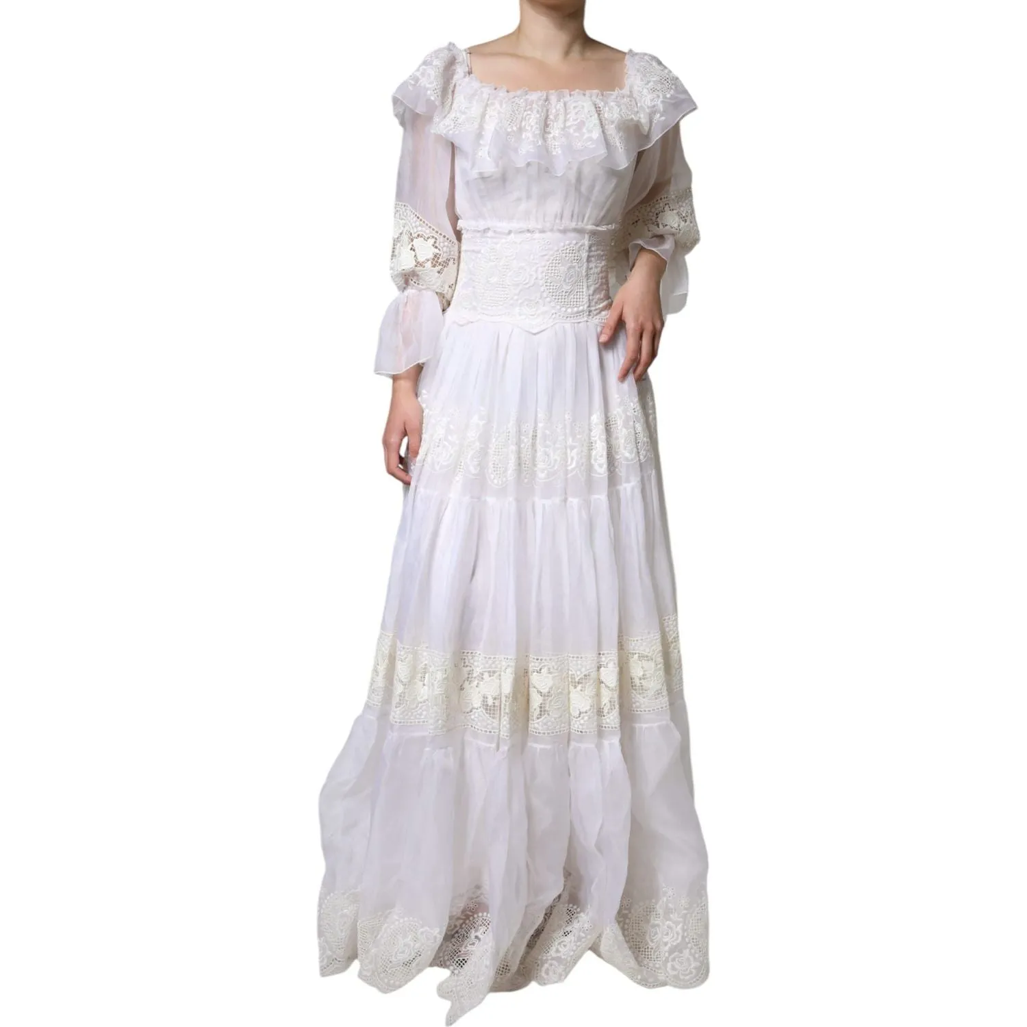 Dolce & Gabbana White Floral Lace Corset Cotton Maxi Dress