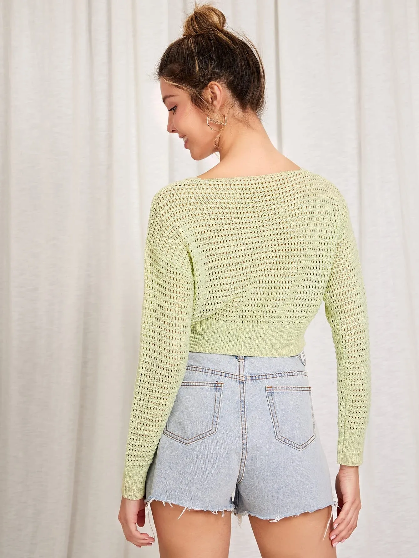 Drop Shoulder Scoop Neck Pointelle Knit Crop Sweater Pullover