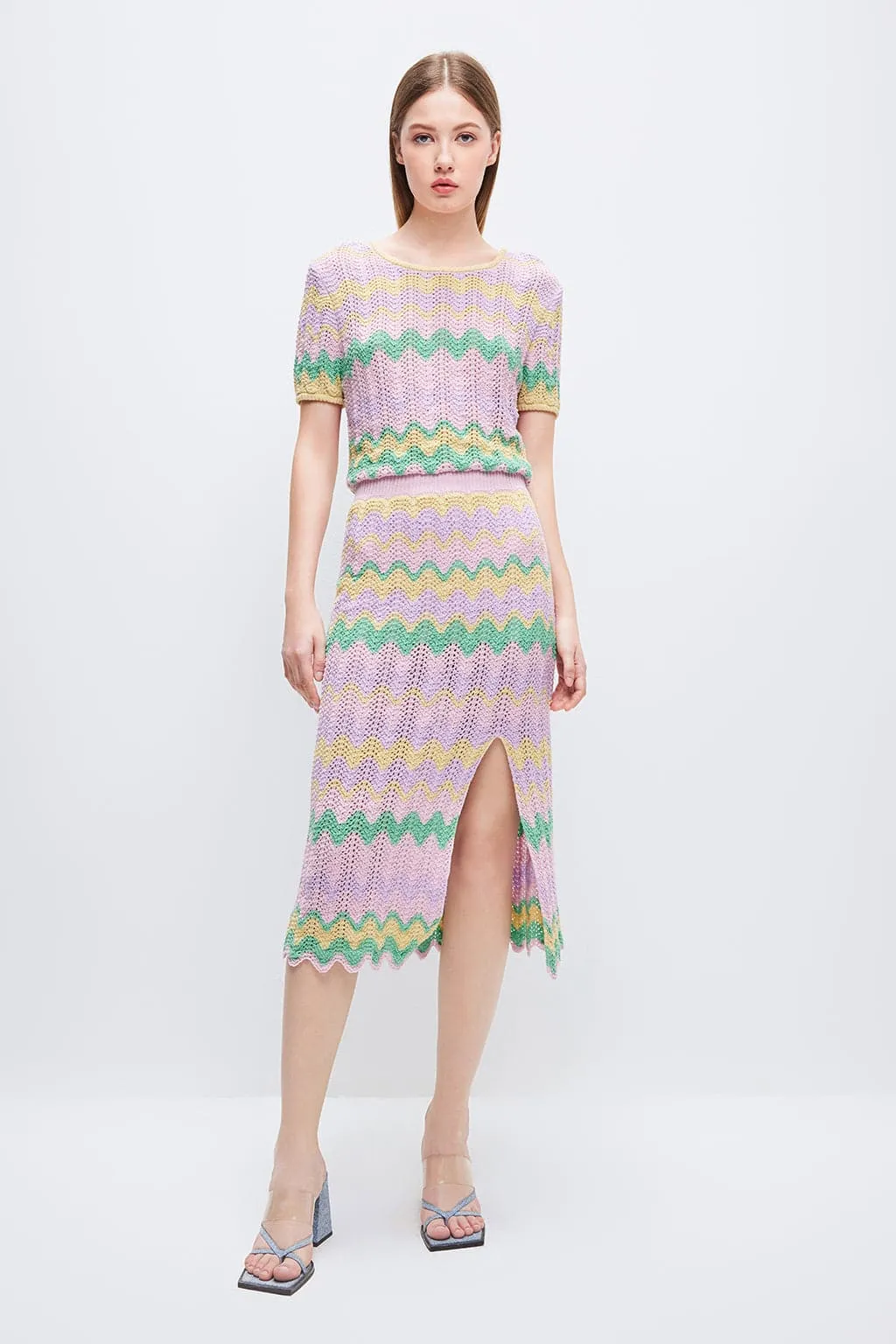 Ethnic-inspired Colorful Wavy Pattern Slit Midi Skirt