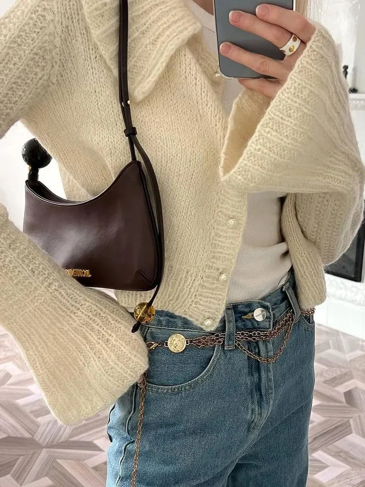 Fashionkova Tossy Knit Sweater Cardigan Outwear Women's Lapel Long Sleeve Patchwork High Waist Cropped Top Streetwear Female Knitwear Coat