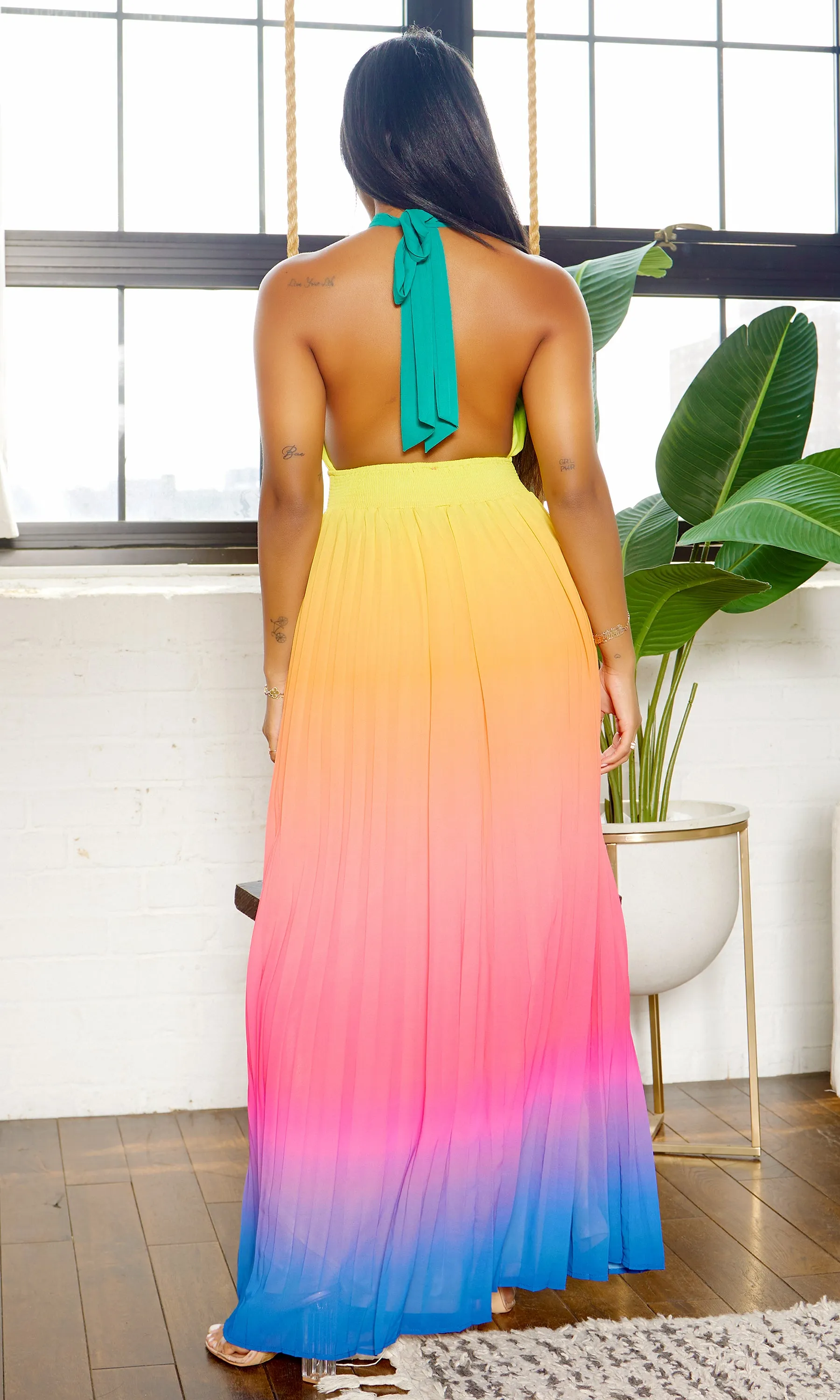 Feeling It | Ombre Halter Dress - Green Orange