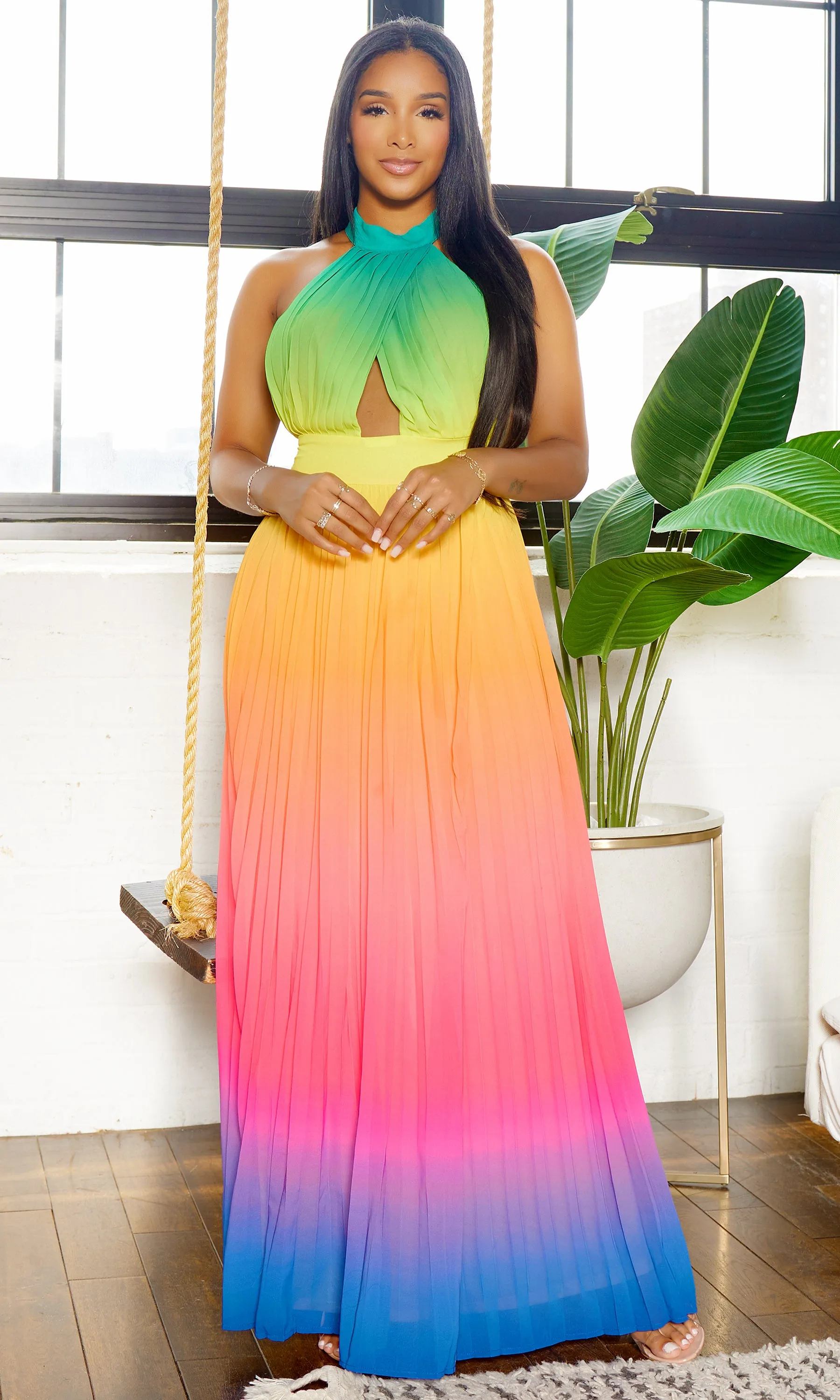 Feeling It | Ombre Halter Dress - Green Orange