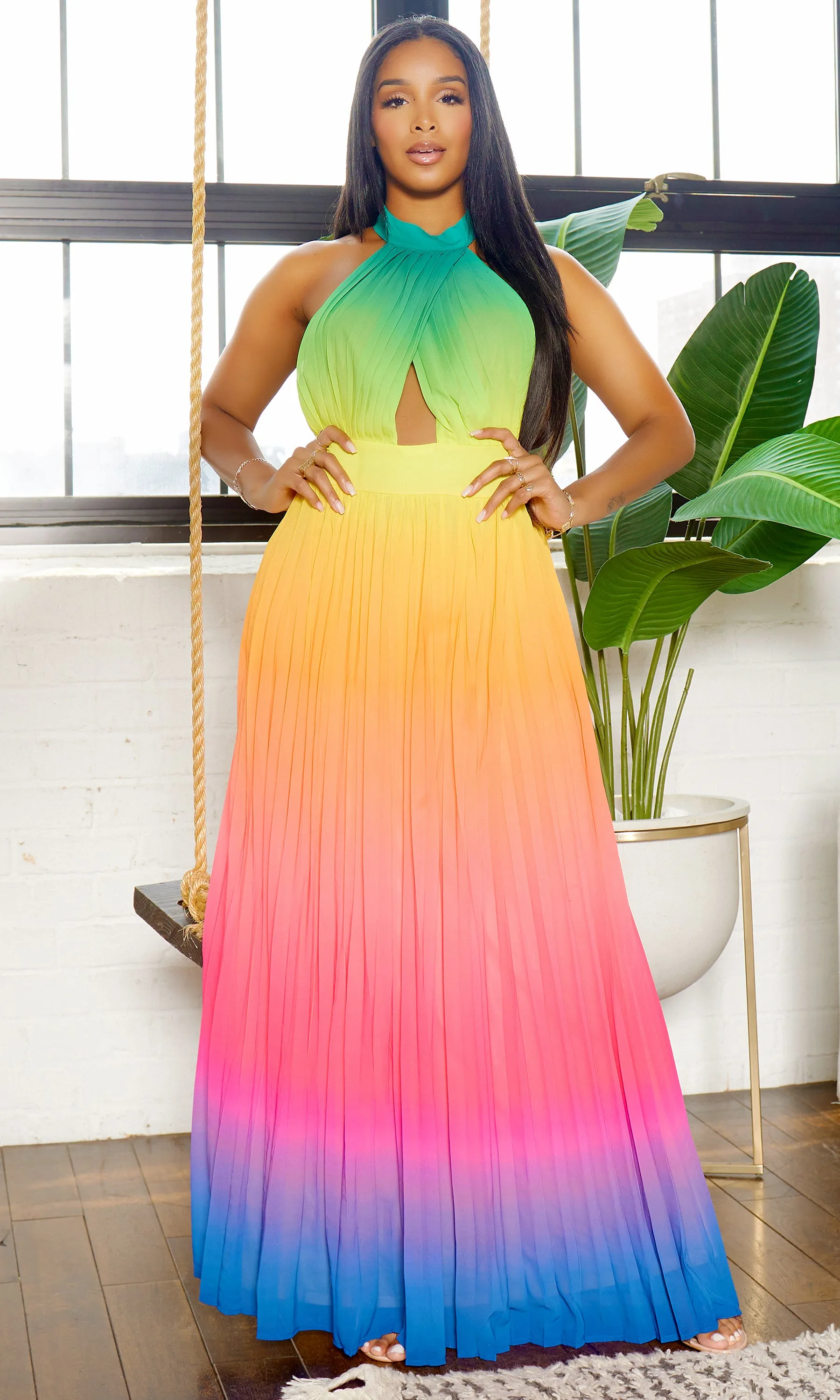 Feeling It | Ombre Halter Dress - Green Orange