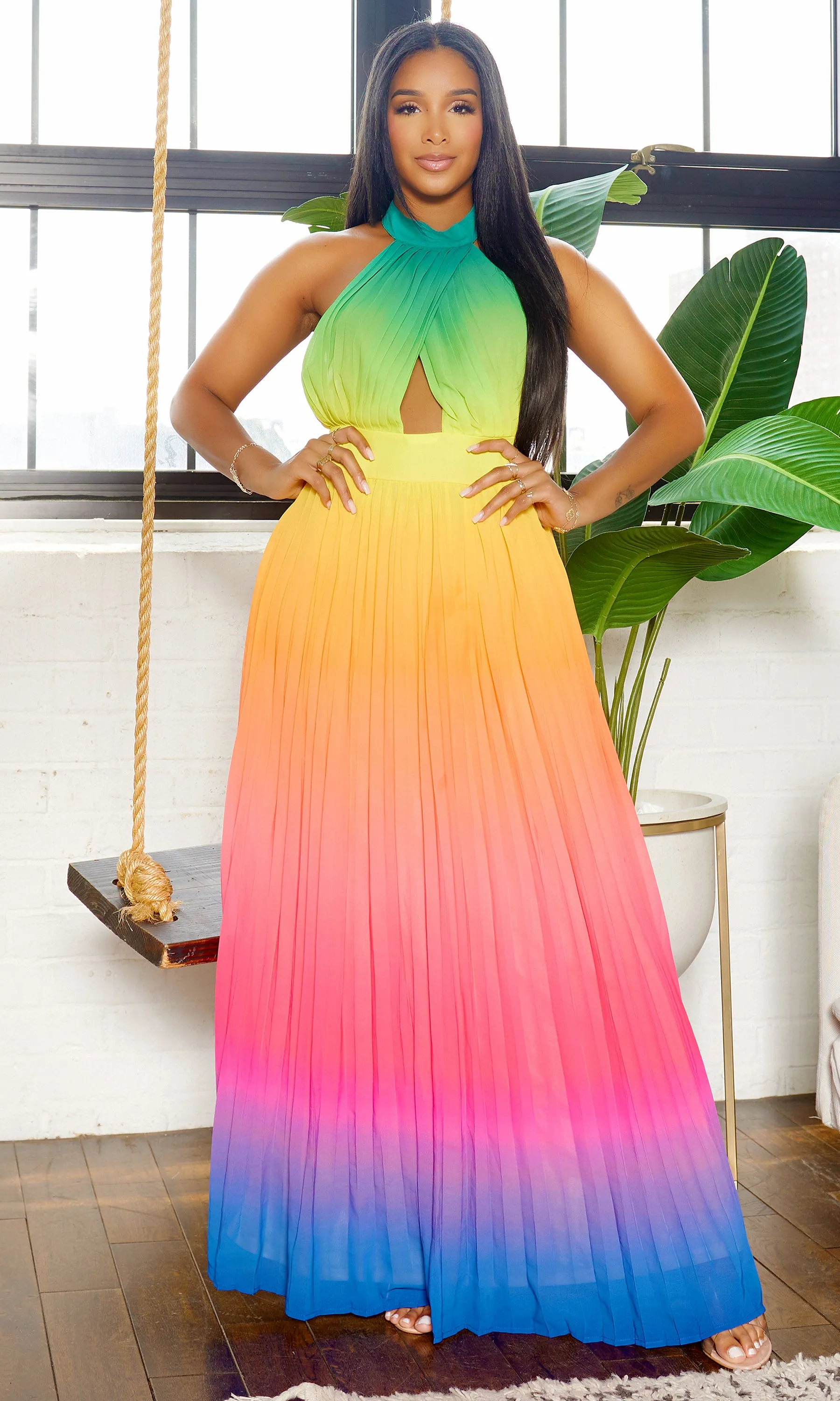 Feeling It | Ombre Halter Dress - Green Orange