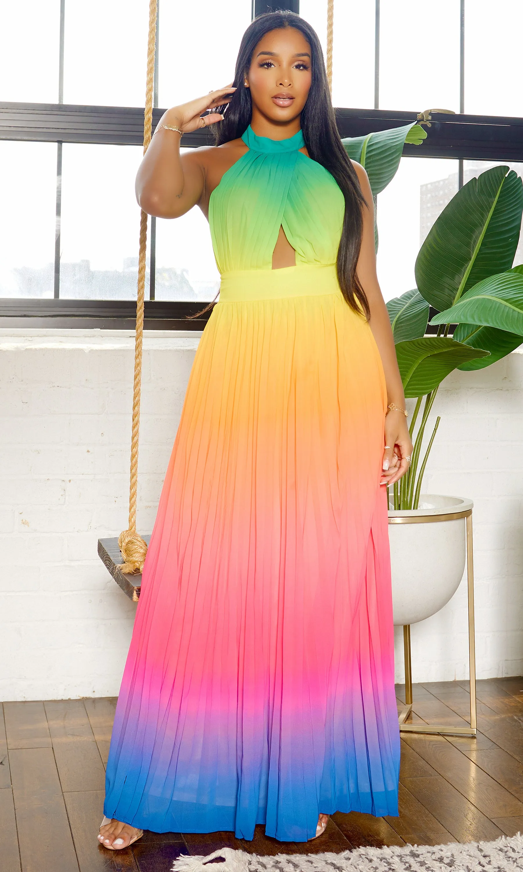 Feeling It | Ombre Halter Dress - Green Orange