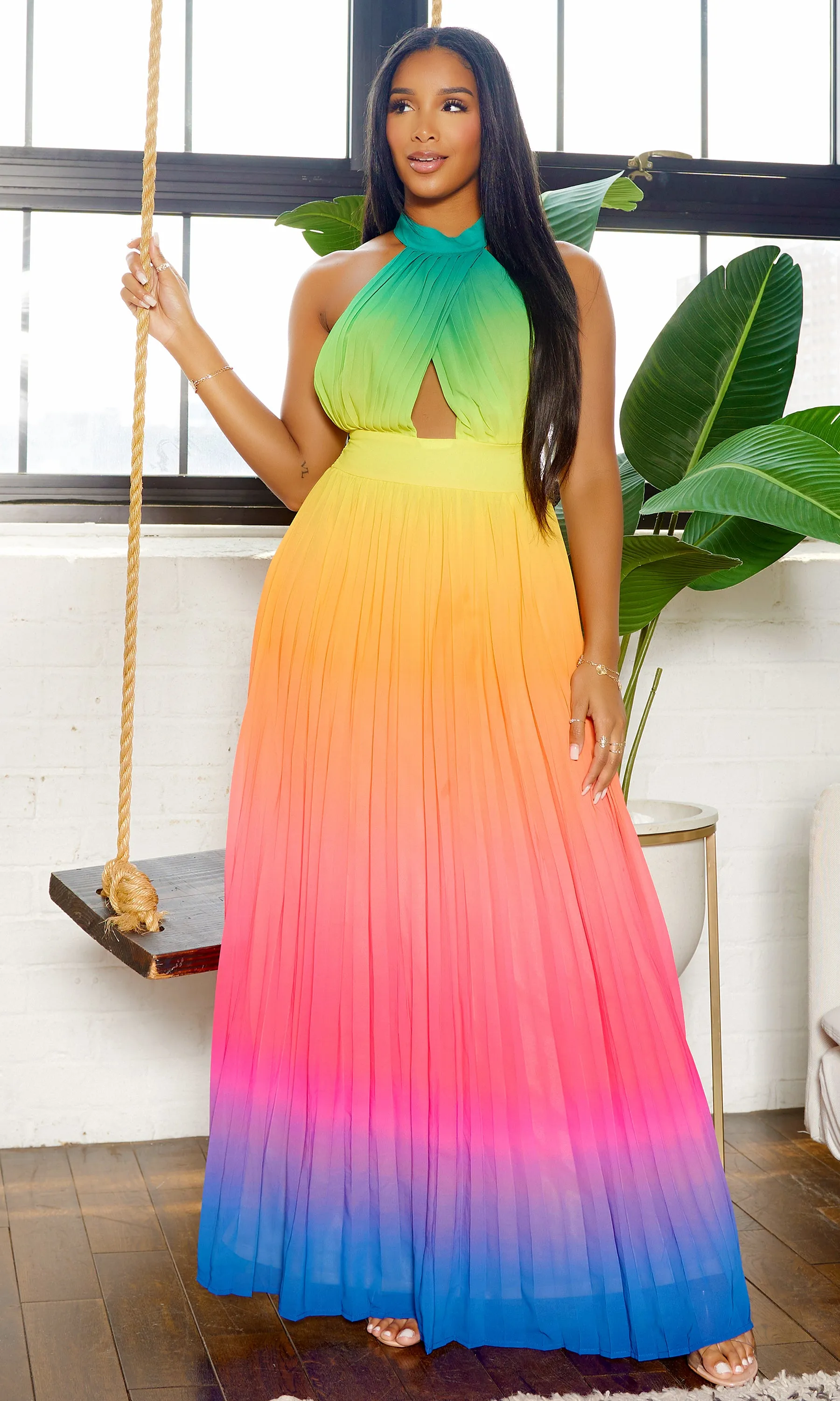 Feeling It | Ombre Halter Dress - Green Orange