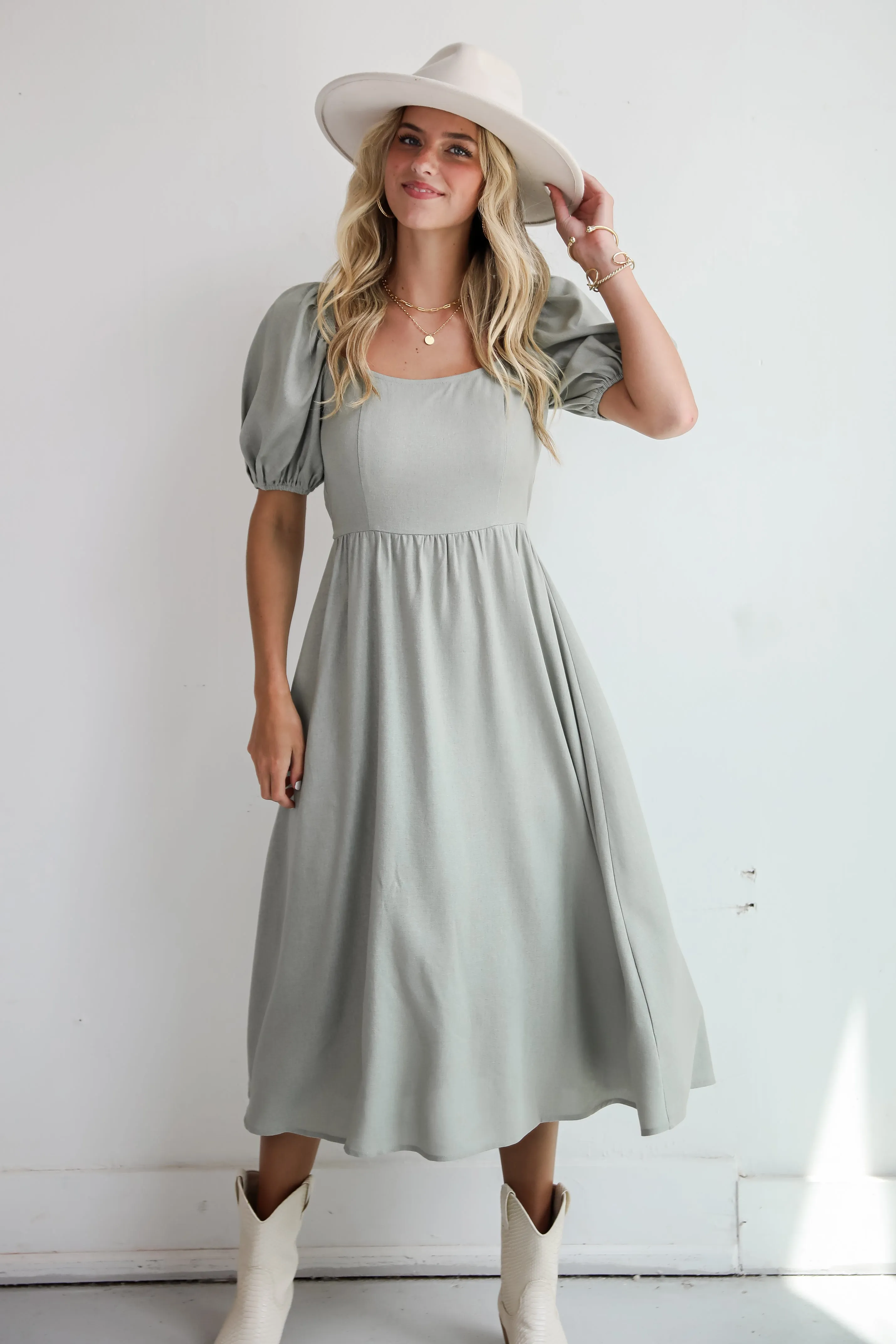 FINAL SALE - Chic Persuasion Sage Linen Midi Dress