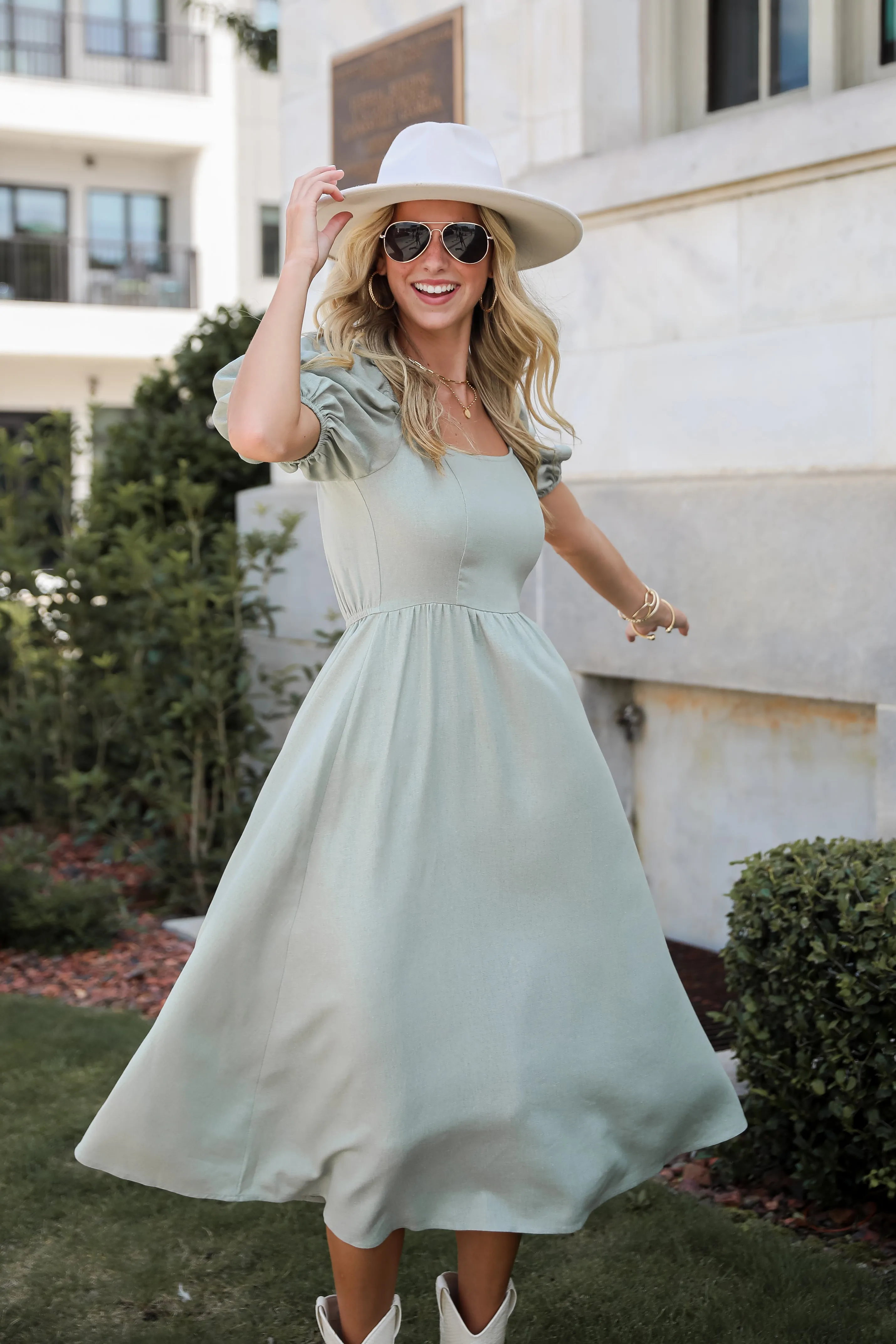 FINAL SALE - Chic Persuasion Sage Linen Midi Dress