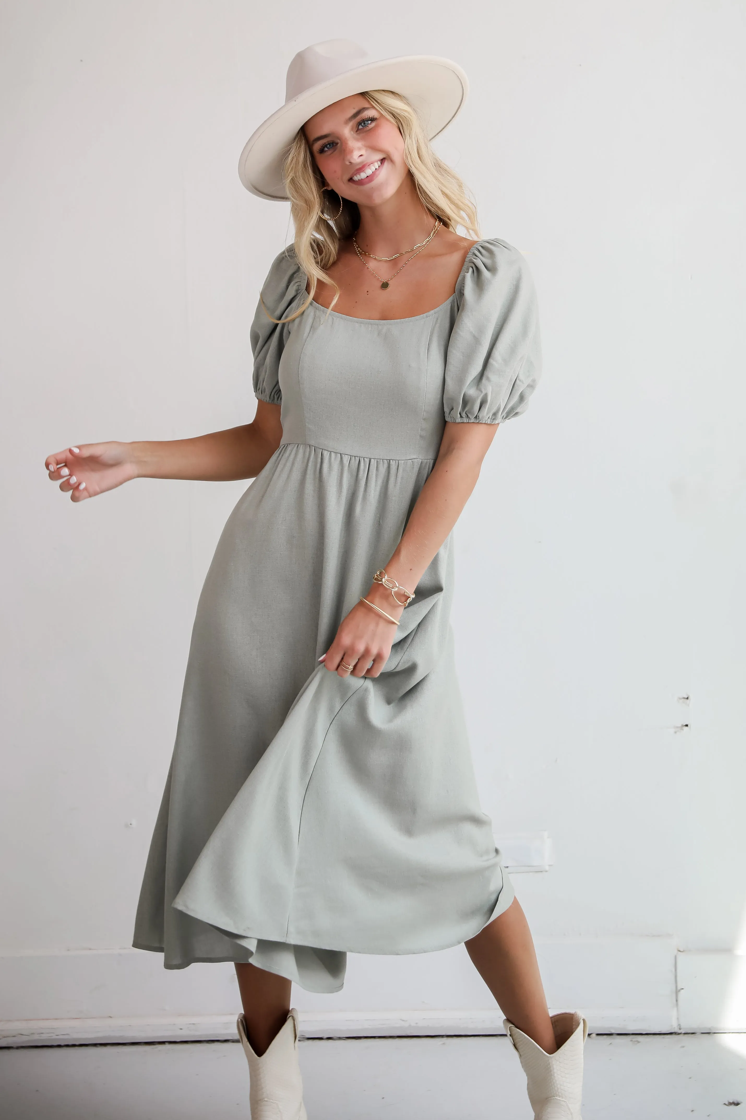 FINAL SALE - Chic Persuasion Sage Linen Midi Dress