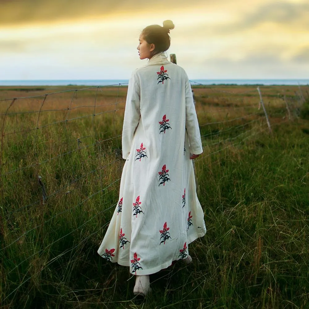Floral Embroidered Long Linen Cardigan | Mandala