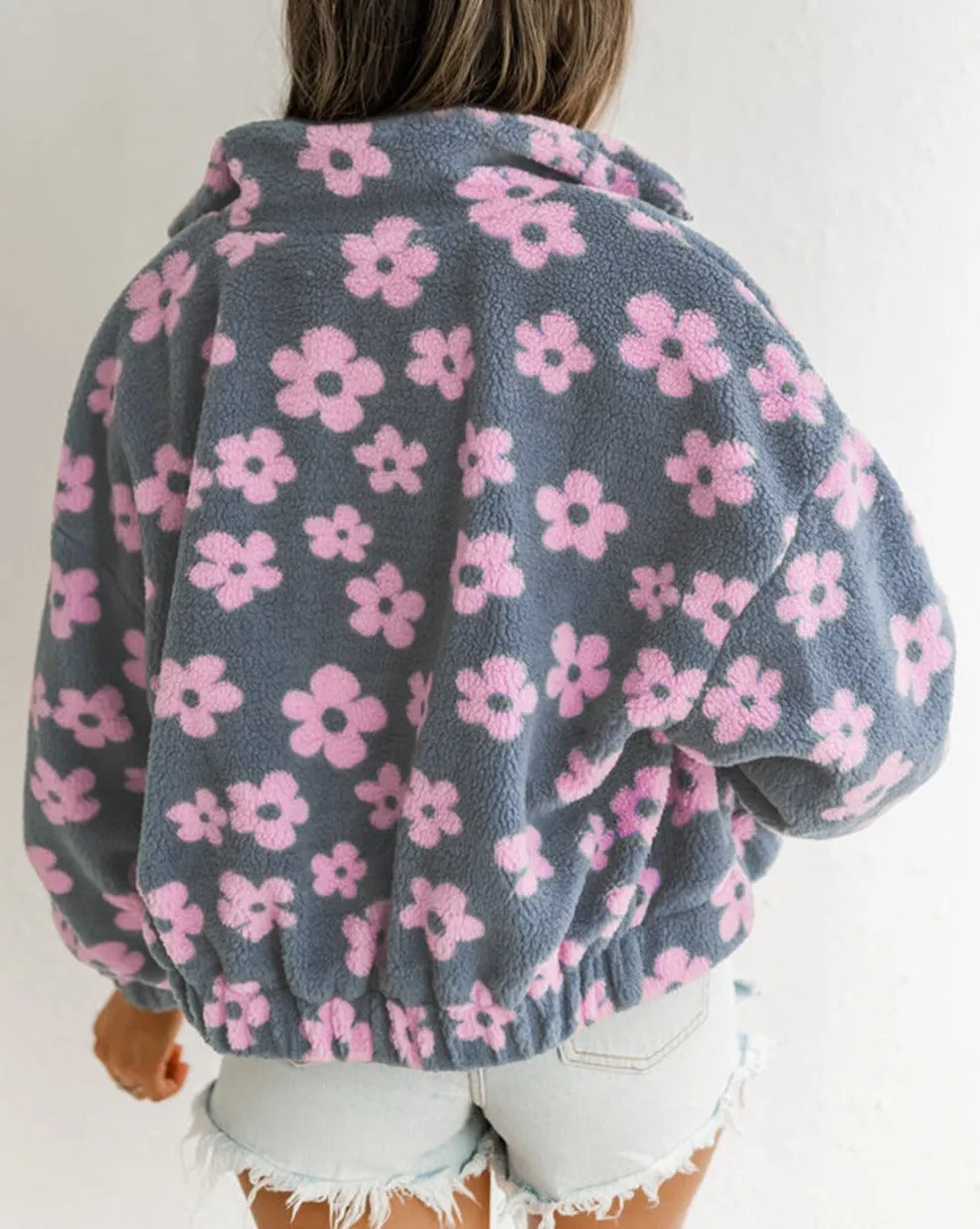 Floral Zip up Sherpa Jacket