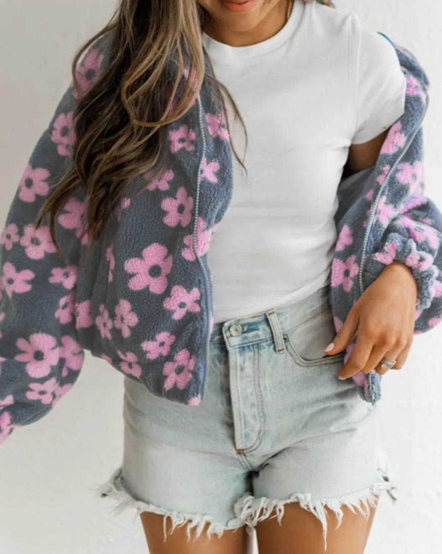 Floral Zip up Sherpa Jacket