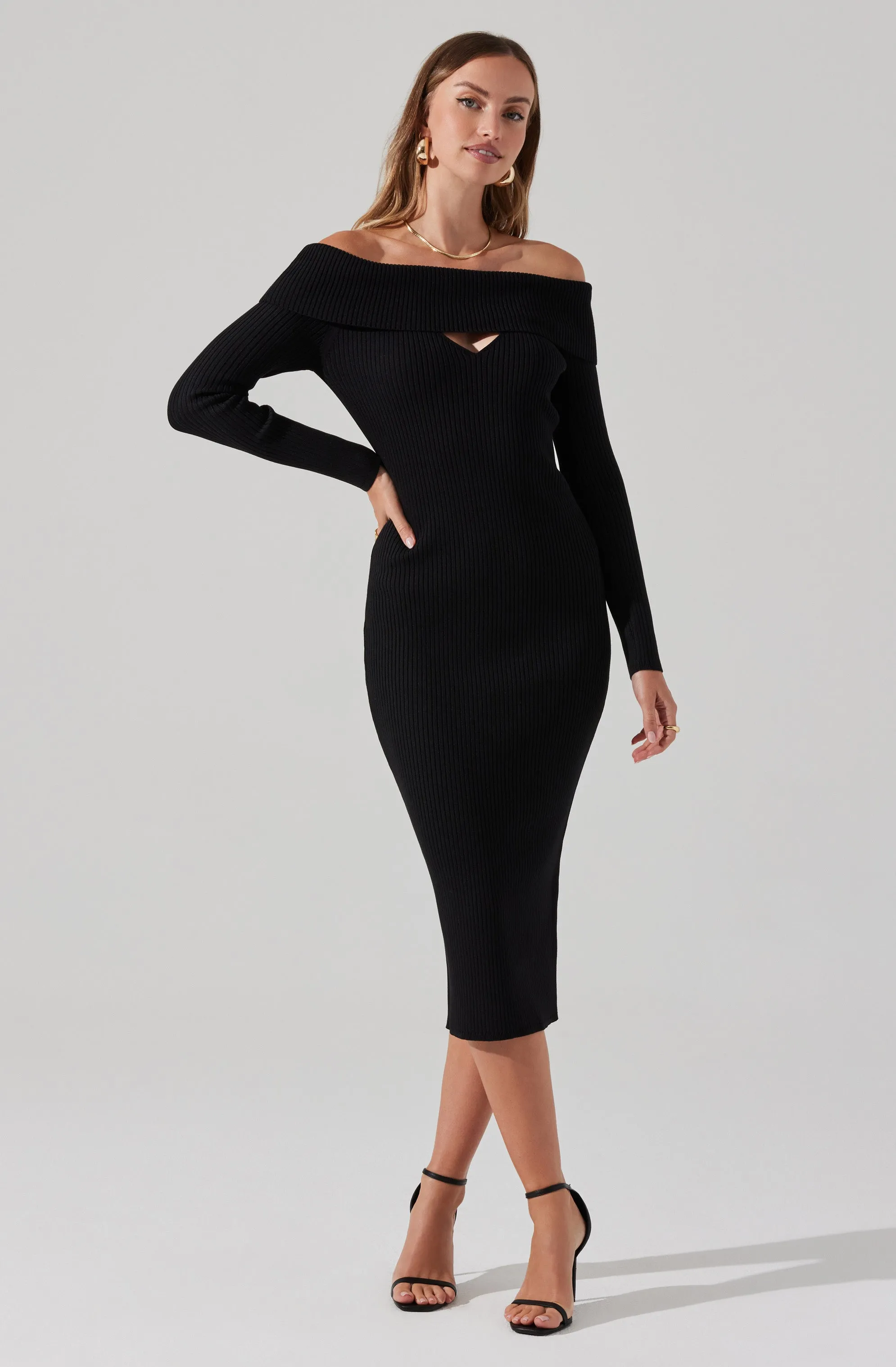 Foldover Long Sleeve Midi Sweater Dress