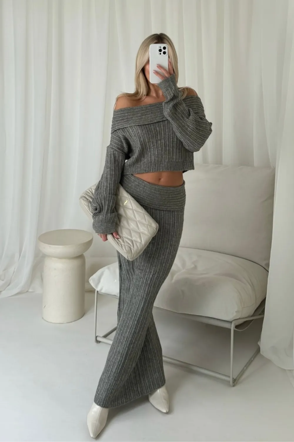 Freya steel grey knit fold over maxi skirt co ord