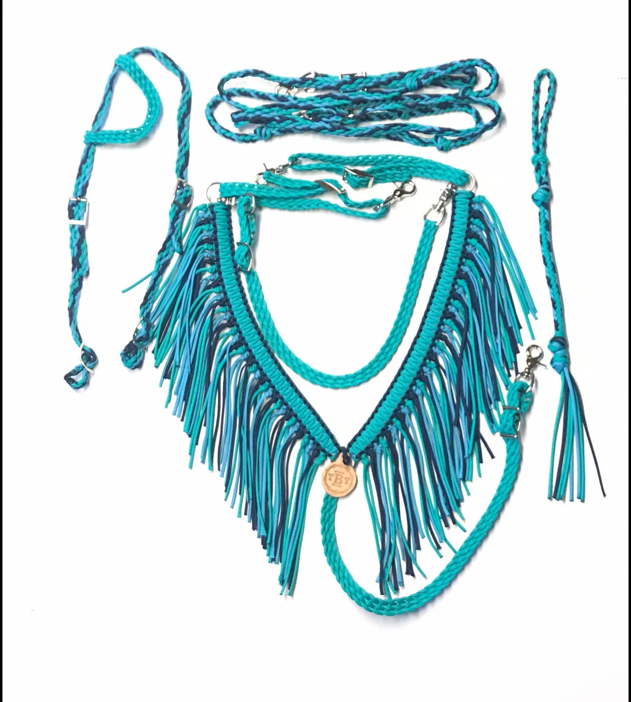 Fringe Breast Collar tack set Neon Turquoise, green turquoise  and midnight blue