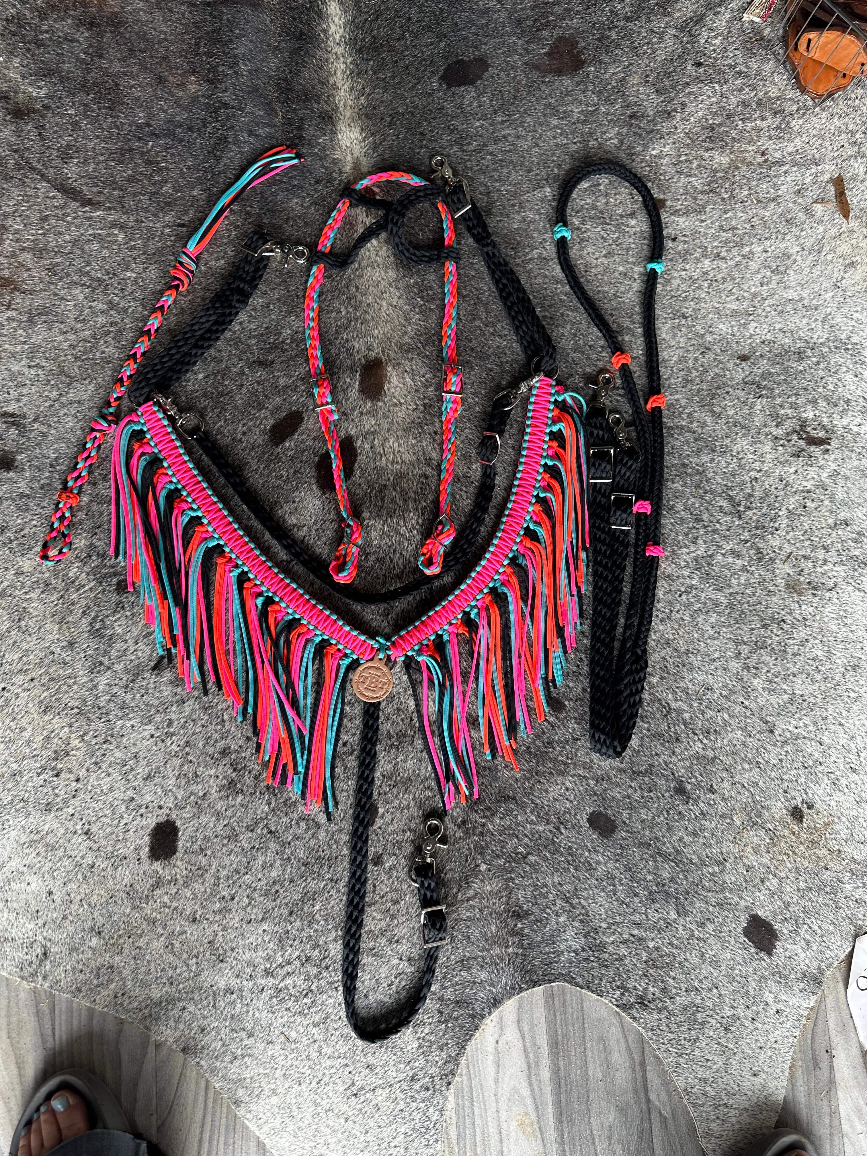 Fringe Breast Collar tack set pink,  orange, black and turquoise