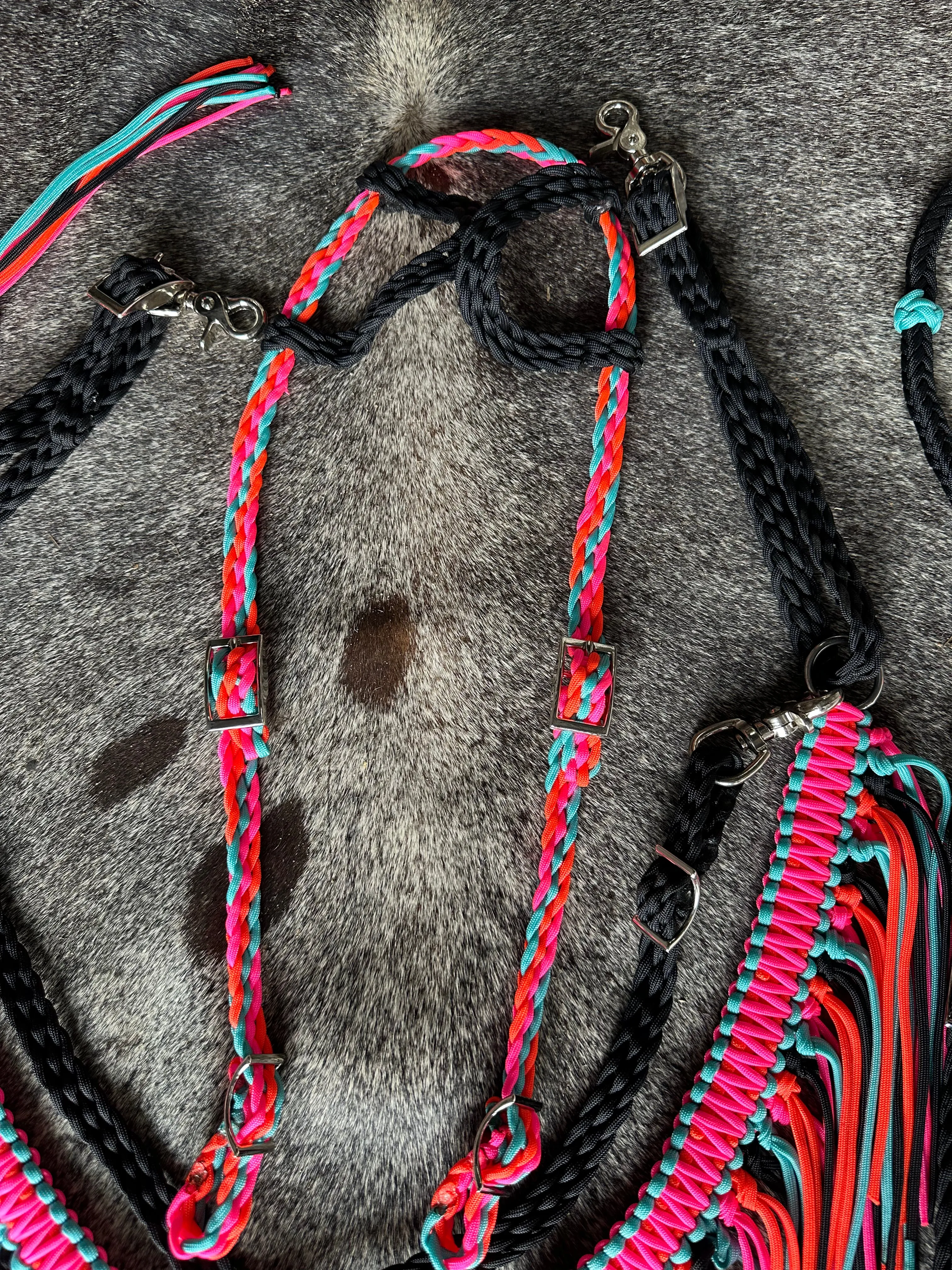 Fringe Breast Collar tack set pink,  orange, black and turquoise