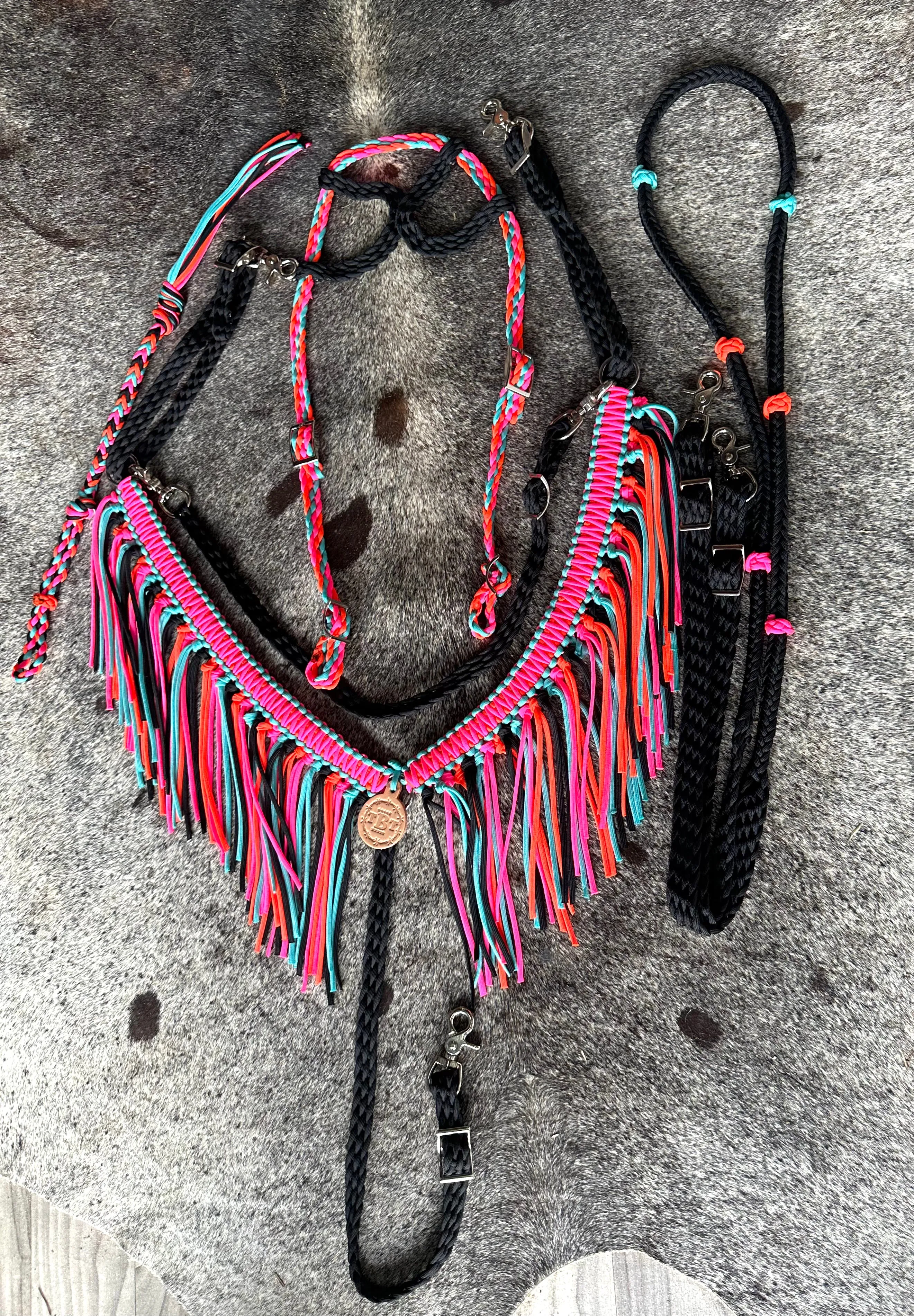 Fringe Breast Collar tack set pink,  orange, black and turquoise