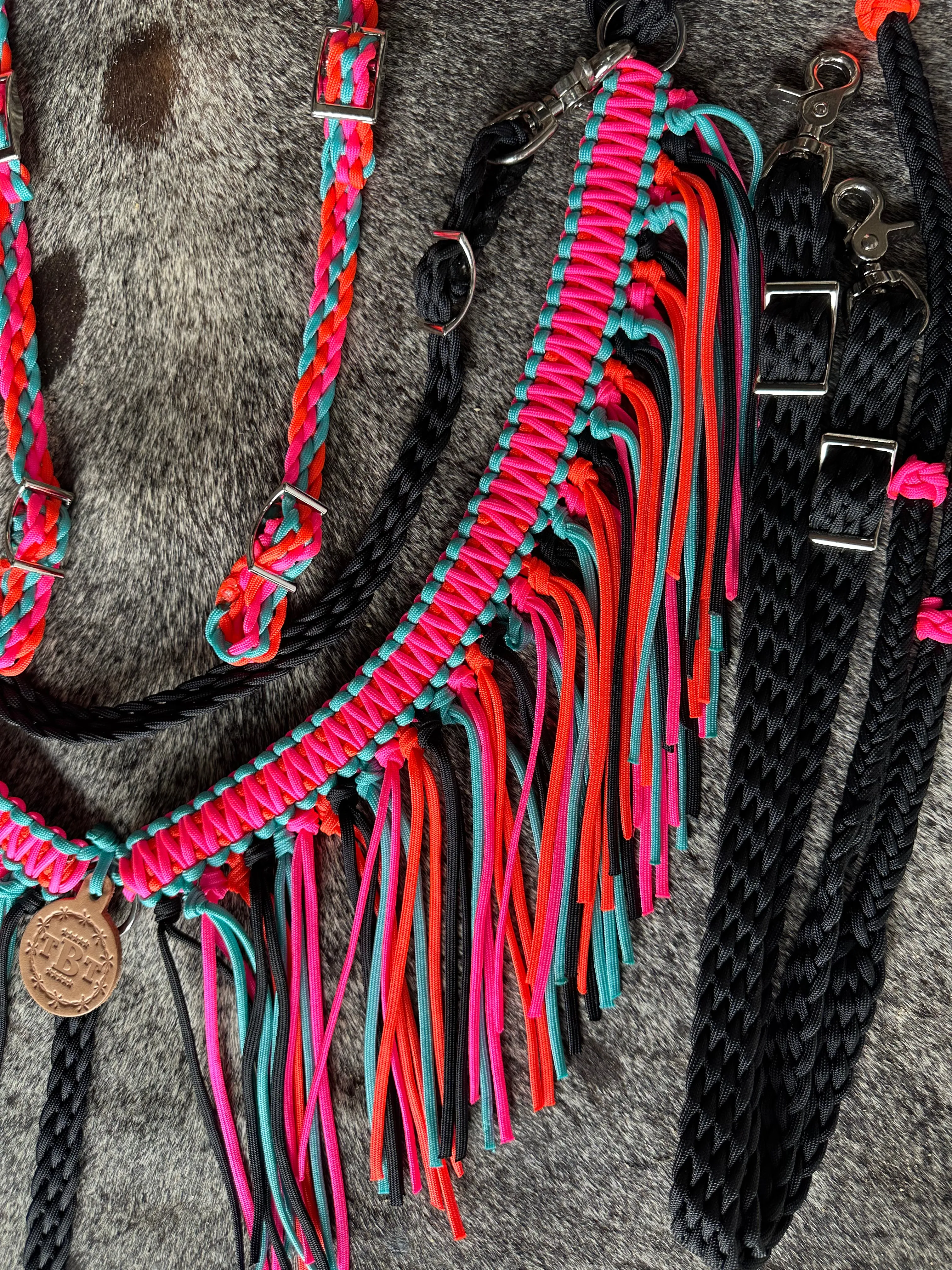 Fringe Breast Collar tack set pink,  orange, black and turquoise