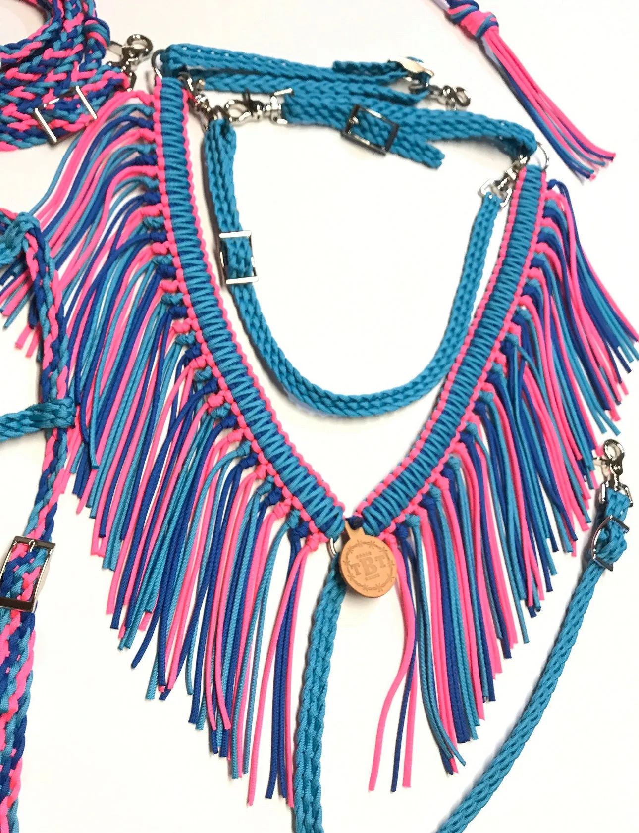 Fringe Breast Collar tack set pink,  purple and turquoise