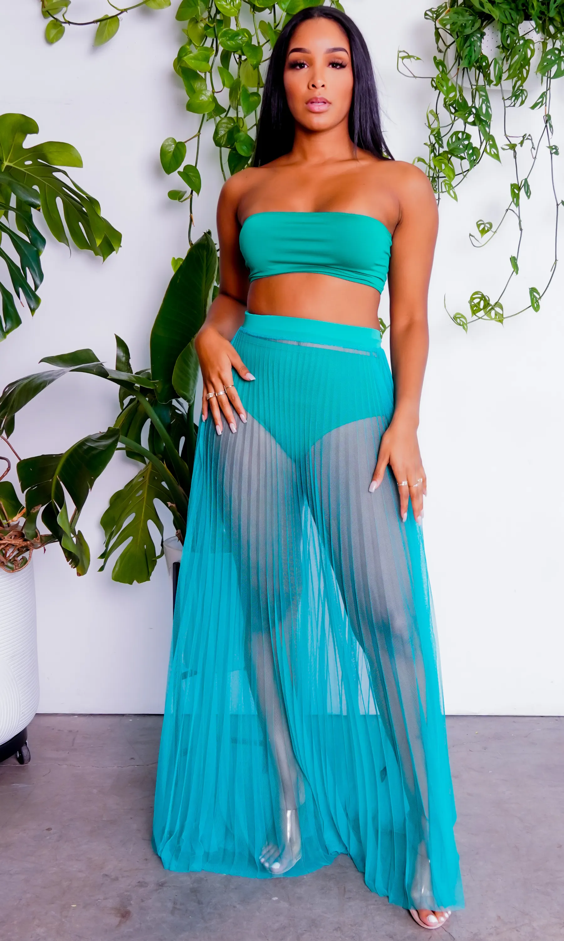 Fun In The Sun | Bandeau Bikini Skirt Set - Emerald FINAL SALE