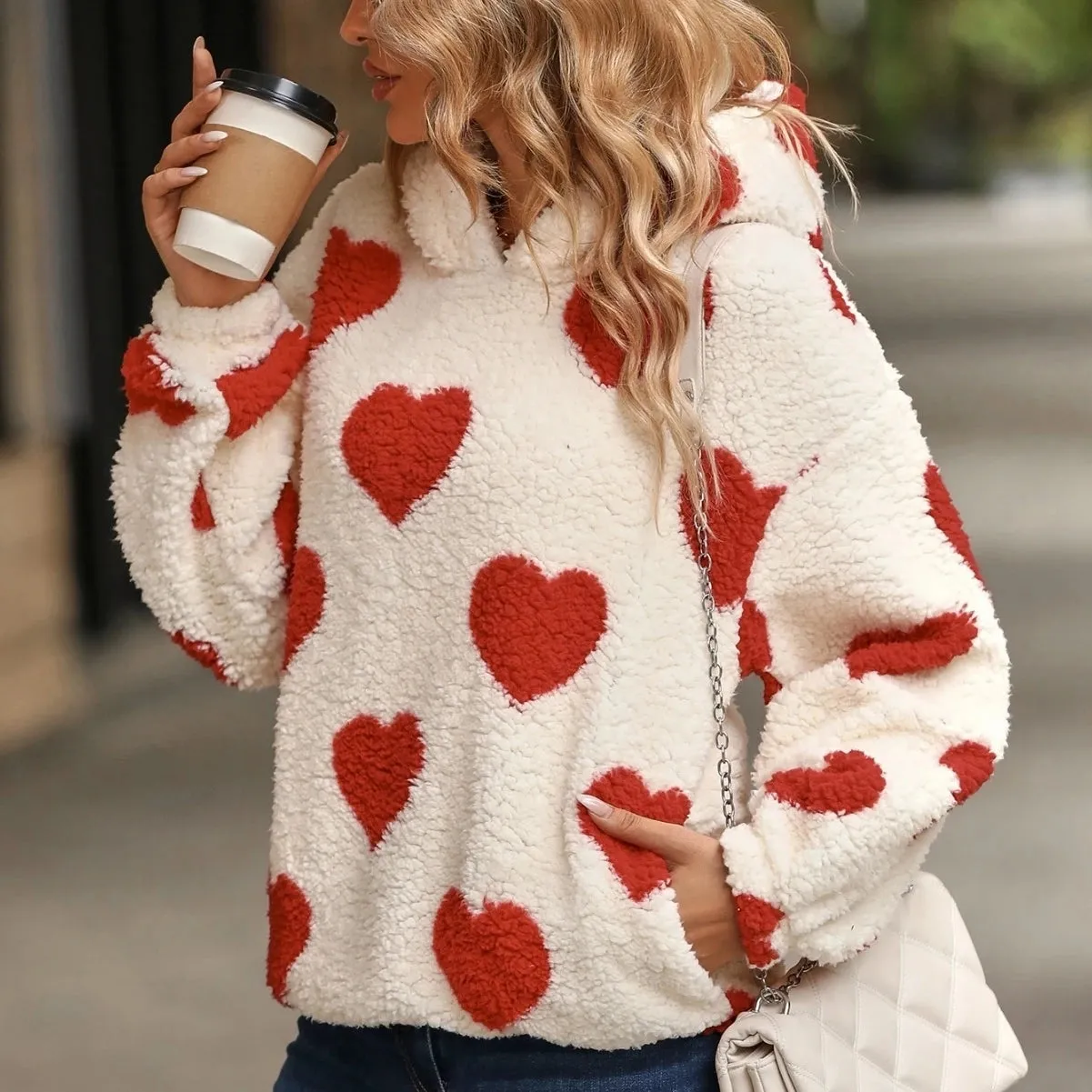 Funki Buys | Sweaters | Women's Fuzzy Heart Pocketed Hoodie