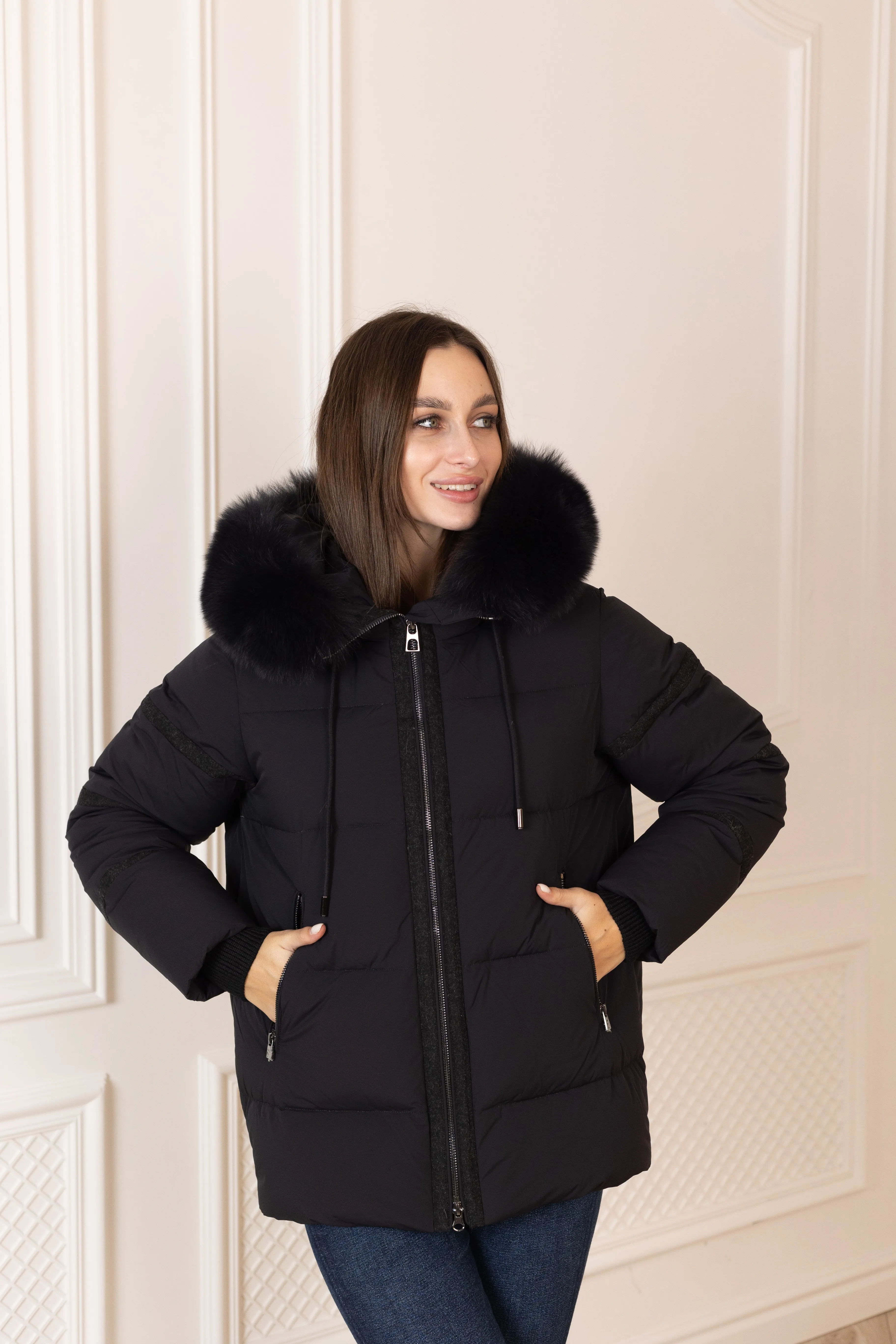 Genuine Polar Fox Fur Down Fill Wool Trim Jacket