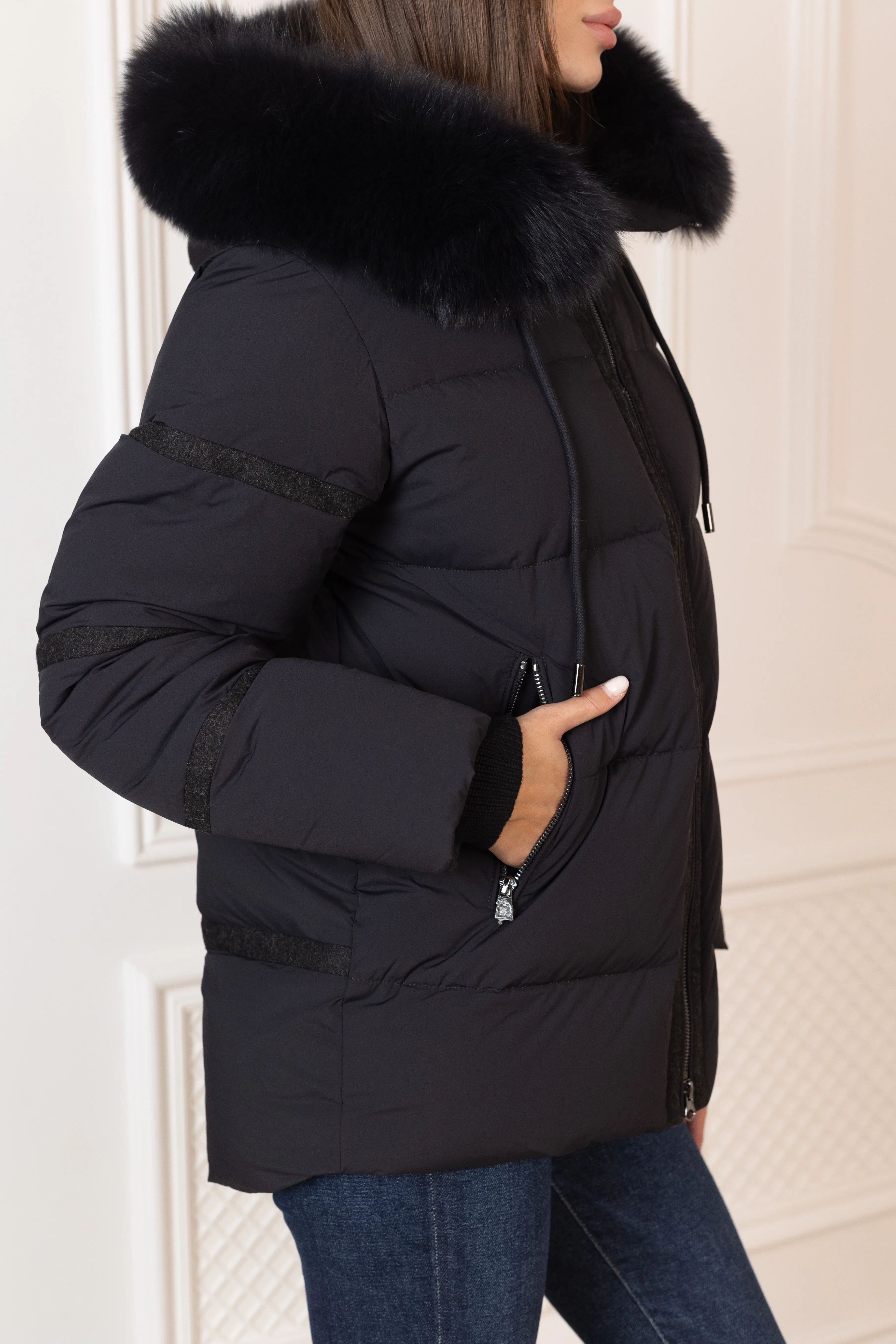 Genuine Polar Fox Fur Down Fill Wool Trim Jacket