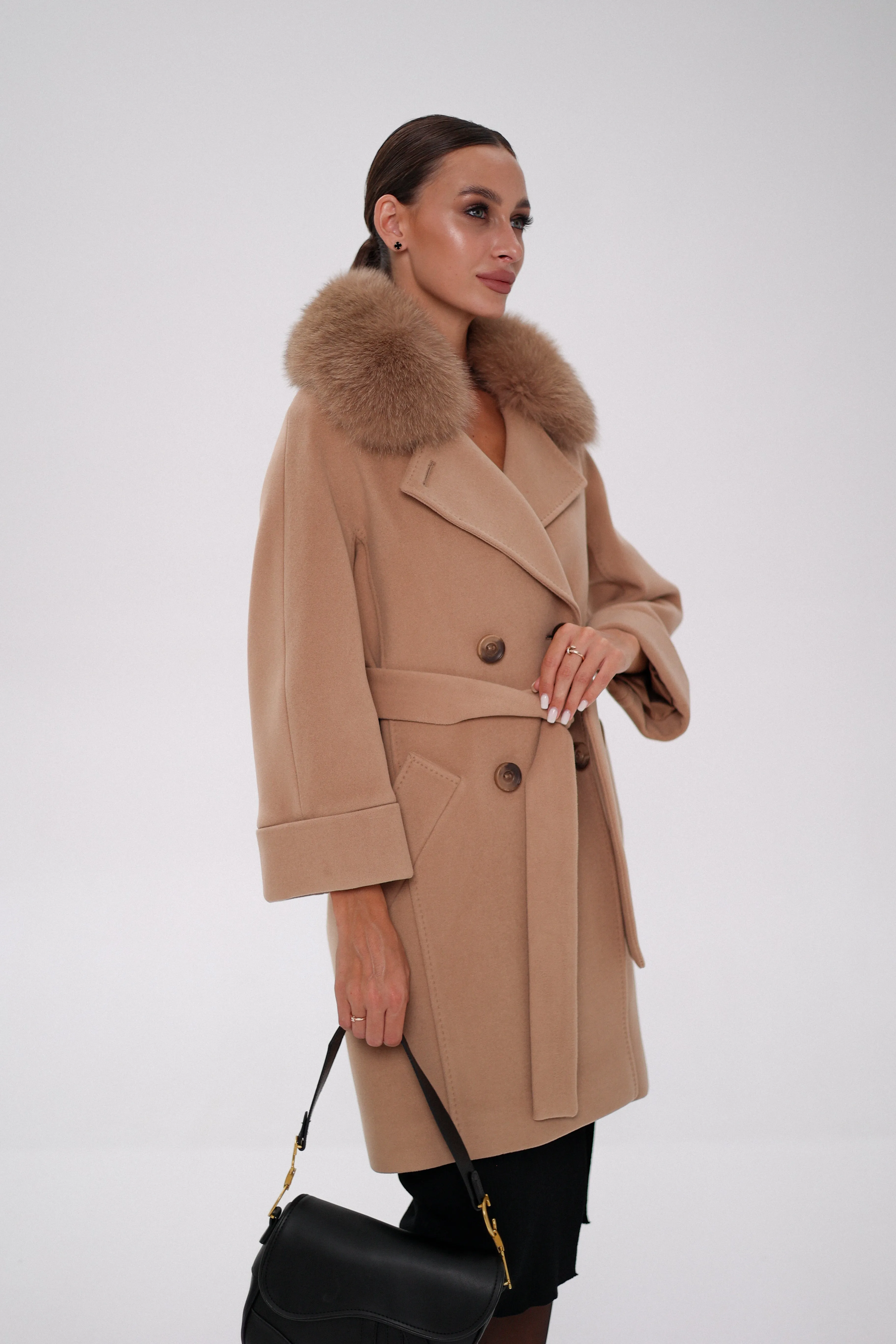 Genuine Polar Fox Tailored Cashmere-Wool Coat