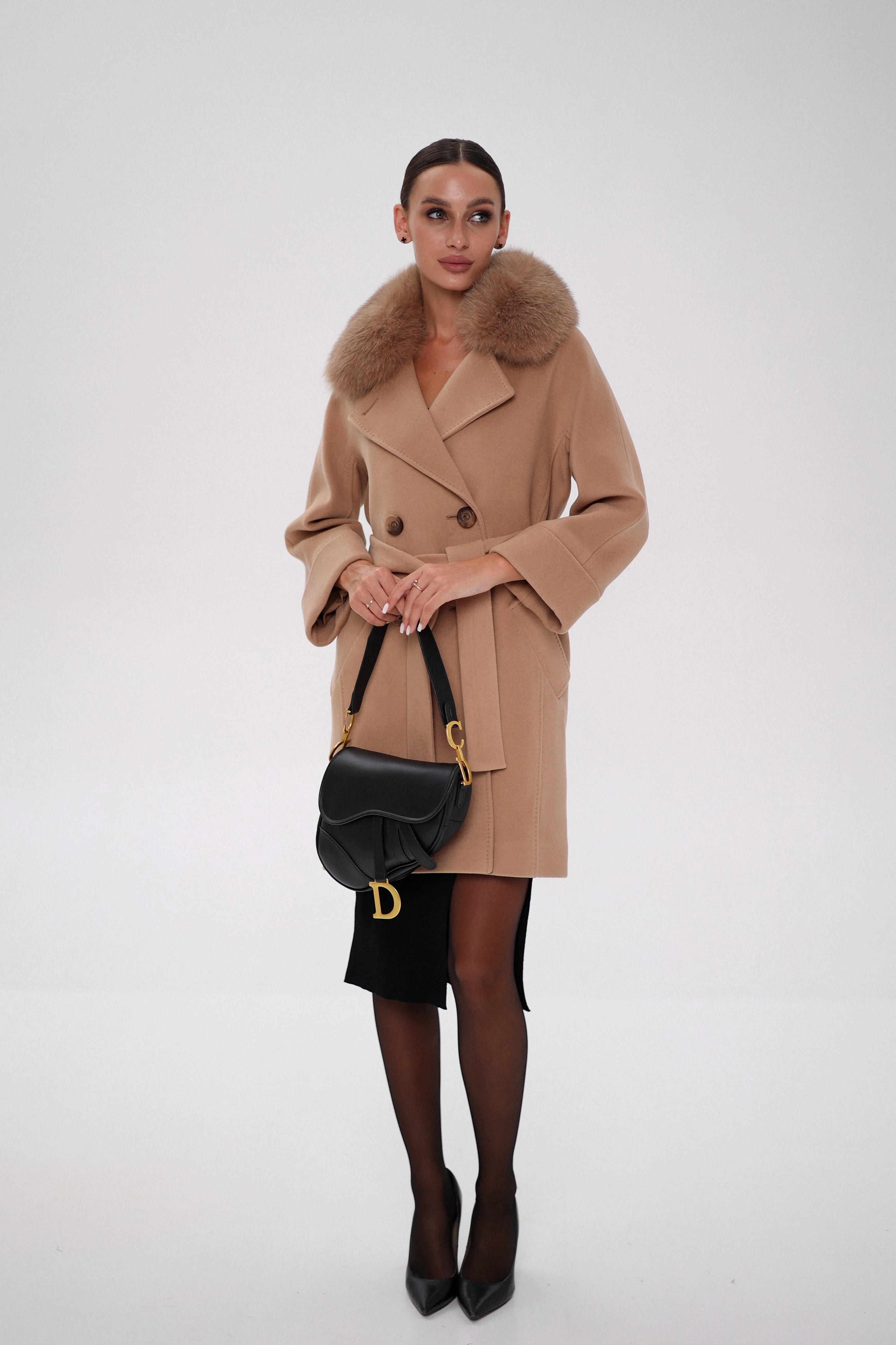 Genuine Polar Fox Tailored Cashmere-Wool Coat