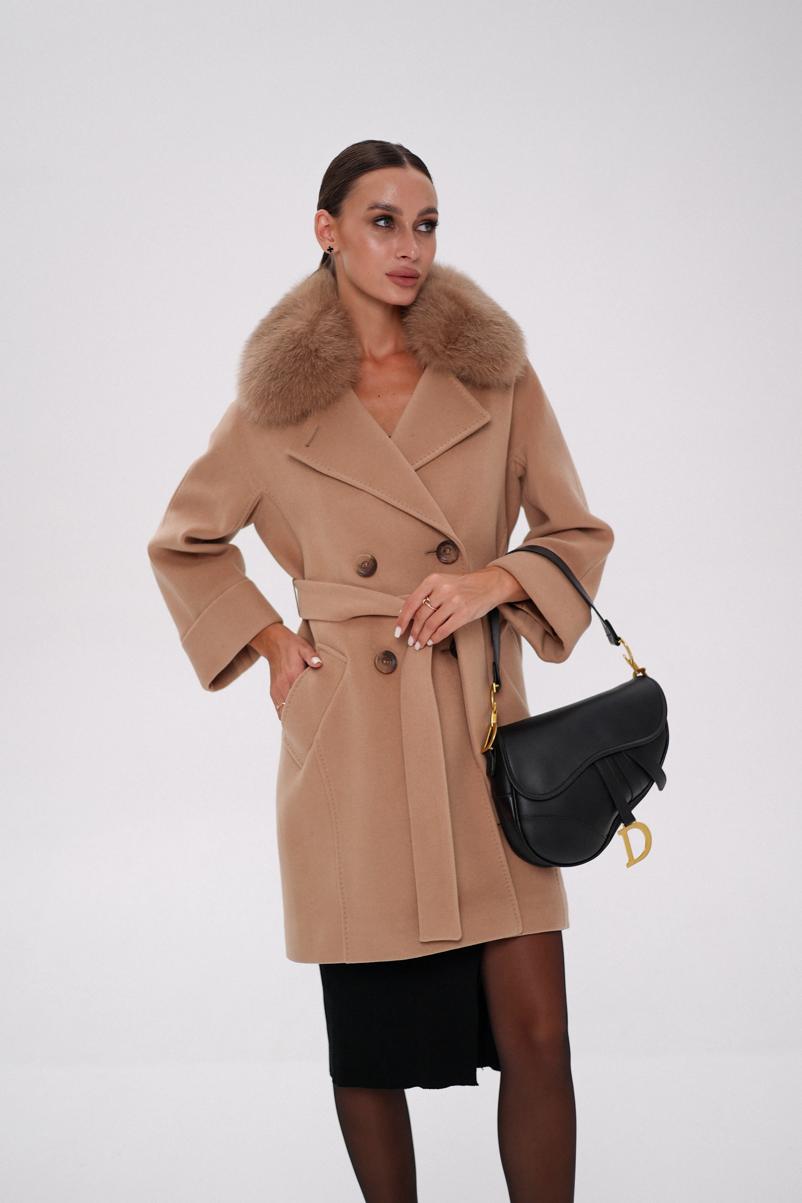 Genuine Polar Fox Tailored Cashmere-Wool Coat