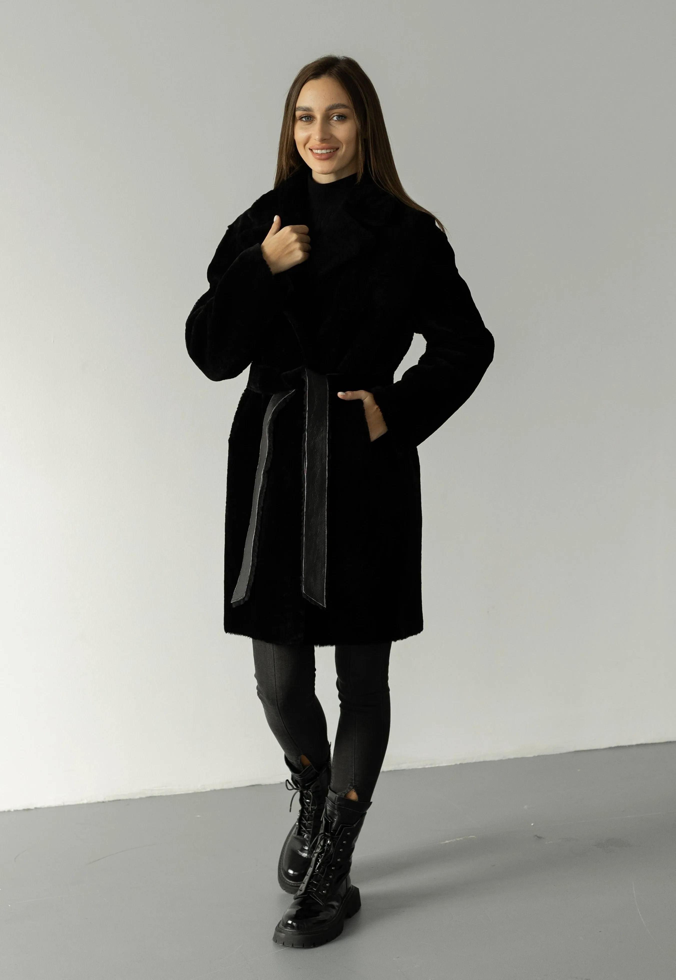 Genuine Shearling Merino Lamb Leather Coat by Punto Leather