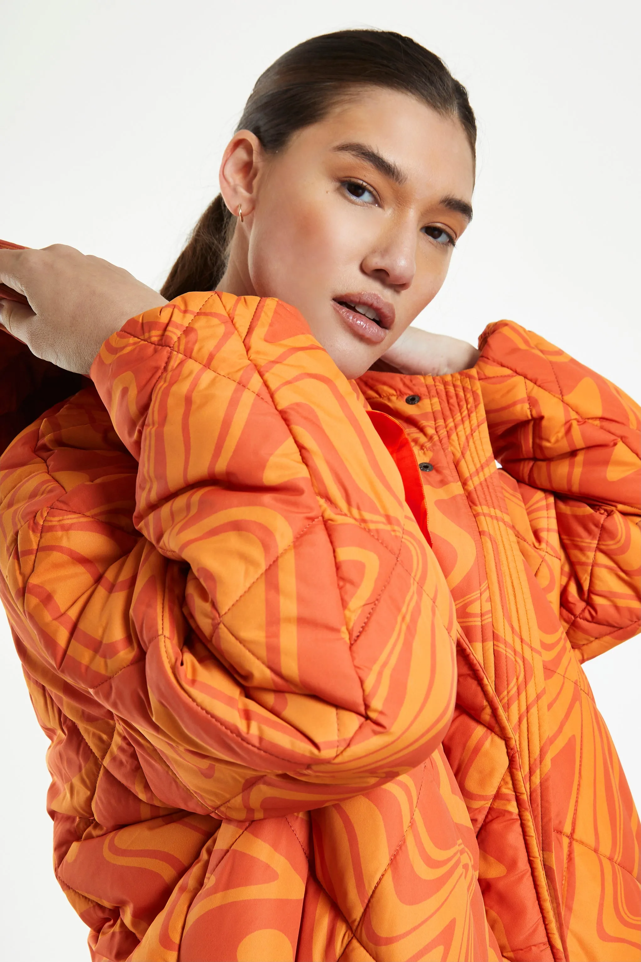 Glamorous Orange Marble Quilted Longline Puffer Coat with Hood