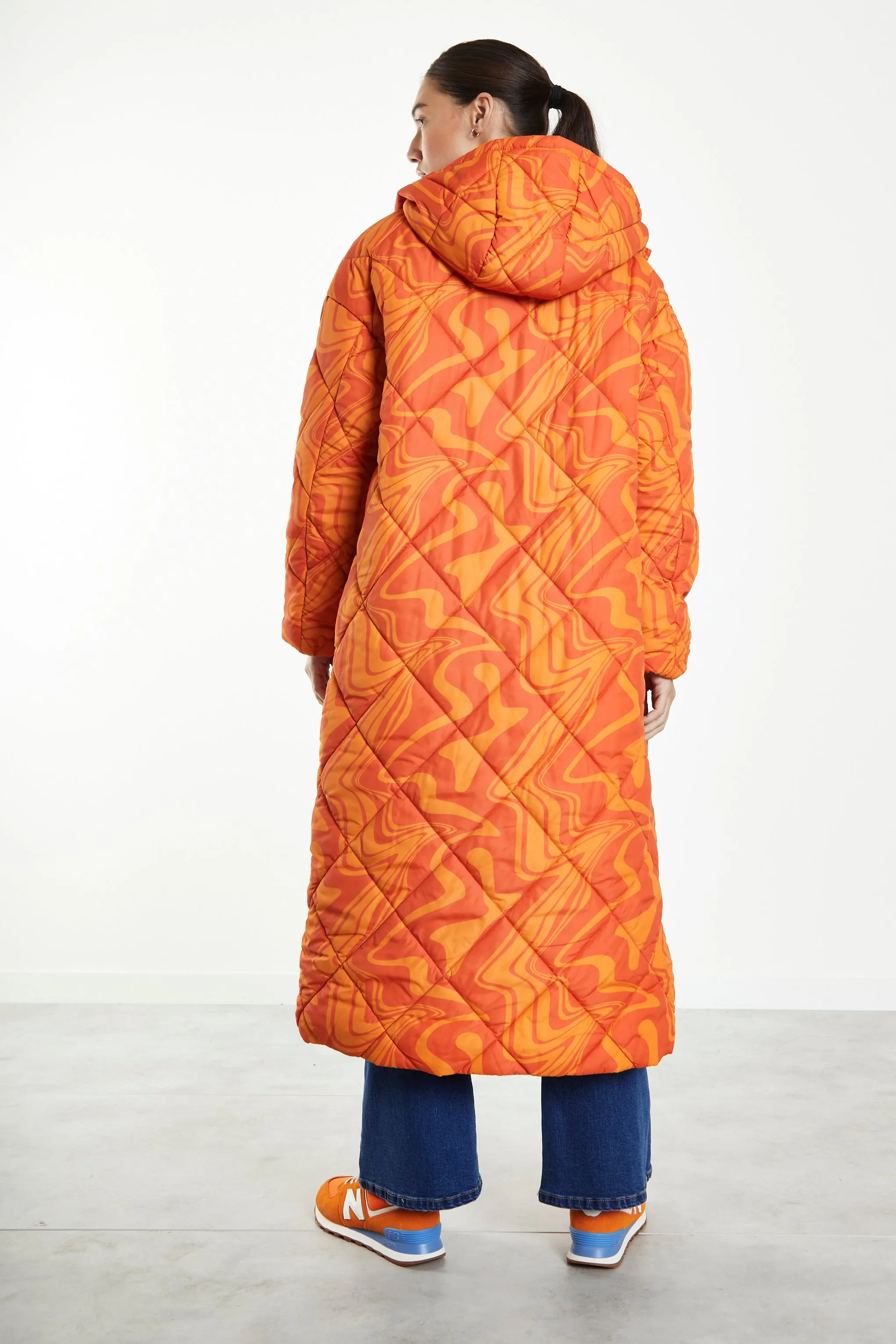 Glamorous Orange Marble Quilted Longline Puffer Coat with Hood