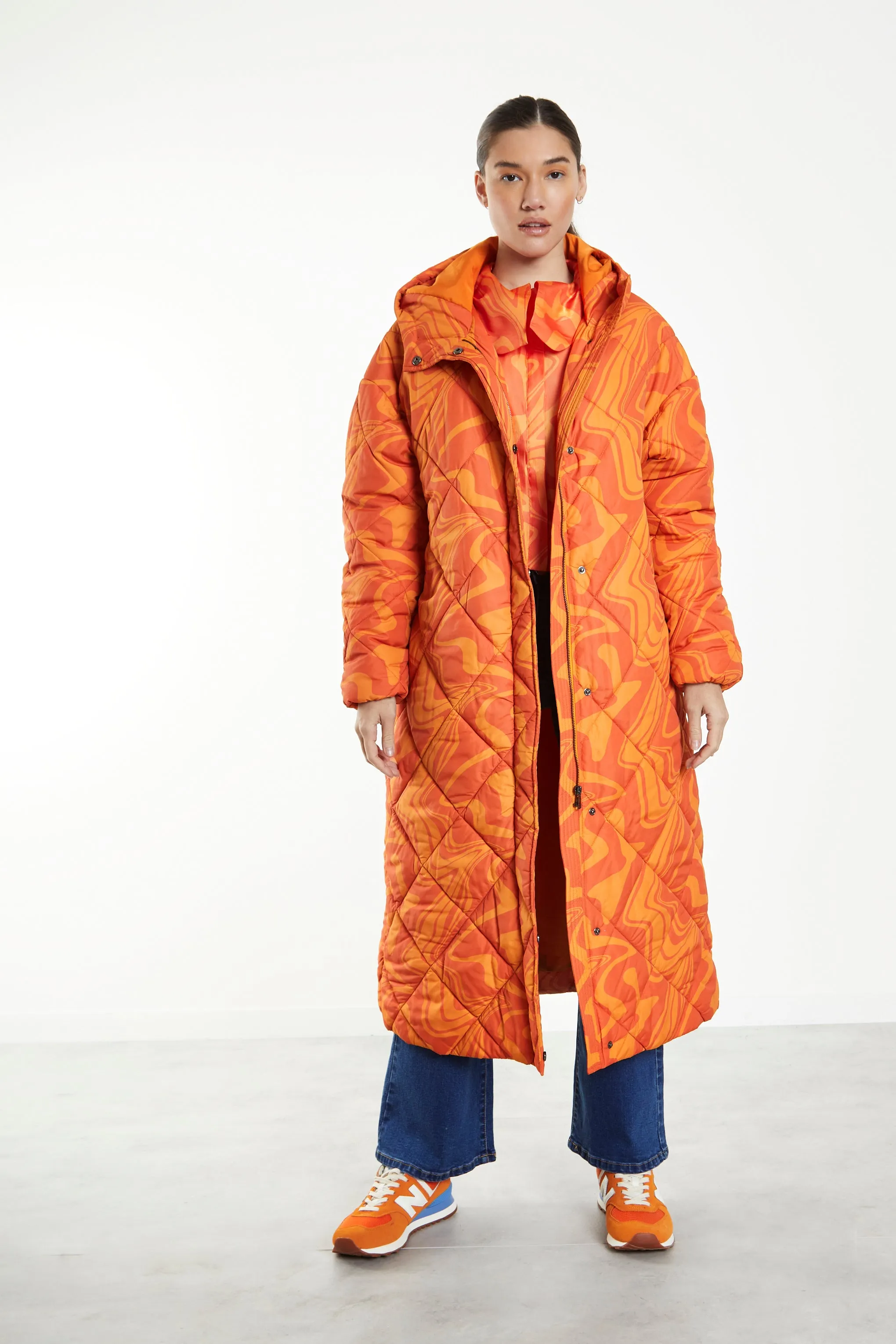 Glamorous Orange Marble Quilted Longline Puffer Coat with Hood