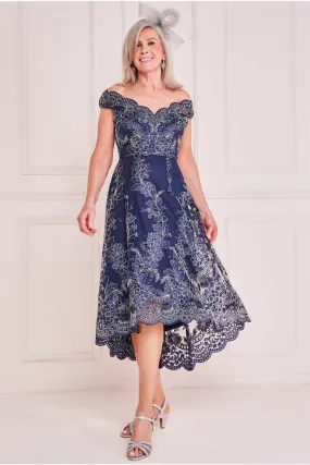 Goddiva Embroidered Lace High Low Midi Dress - Navy